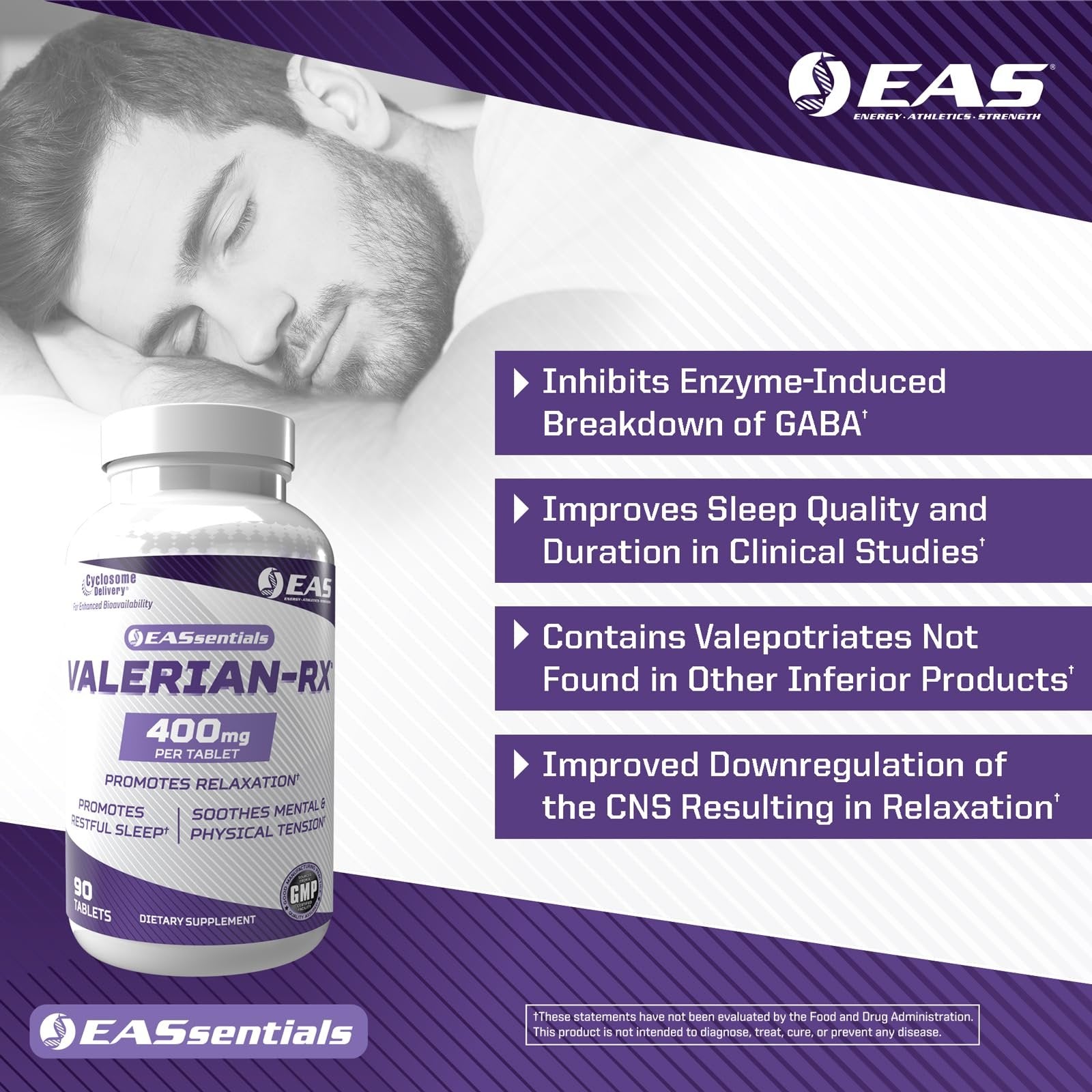 EAS Valerian-RX Valerian Root 400mg | Promotes Relaxation & Restful Sleep | Gluten Free, Non GMO | Better Absorption with Cyclosome Delivery | 90 Tablets