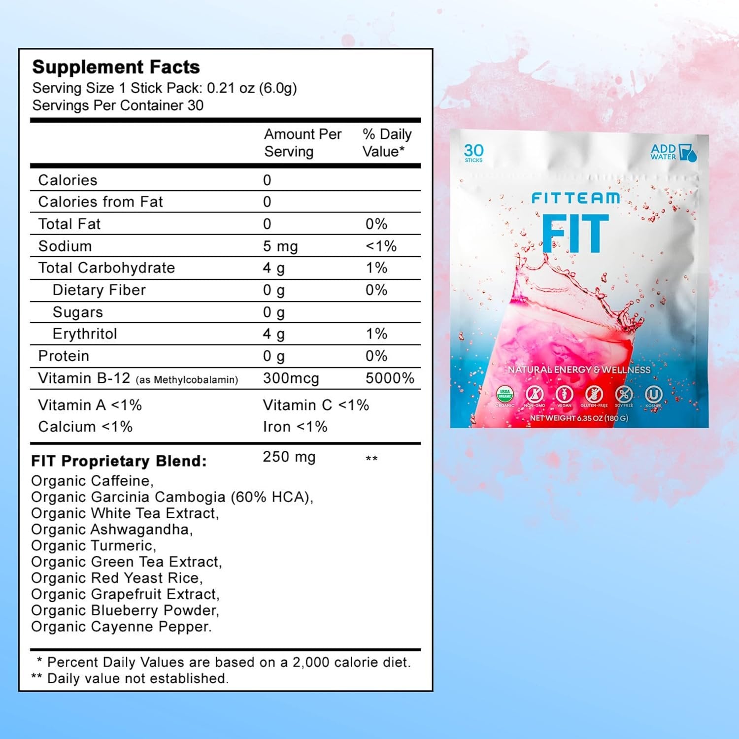 FITTEAM Fit Sticks Organic Energy and Wellness Beverage - Organic Energy Drink Mix - Mental Focus, Energy and Metabolism Boost - Mood Support and Antioxidants - 30 Individually Wrapped Stick Packs