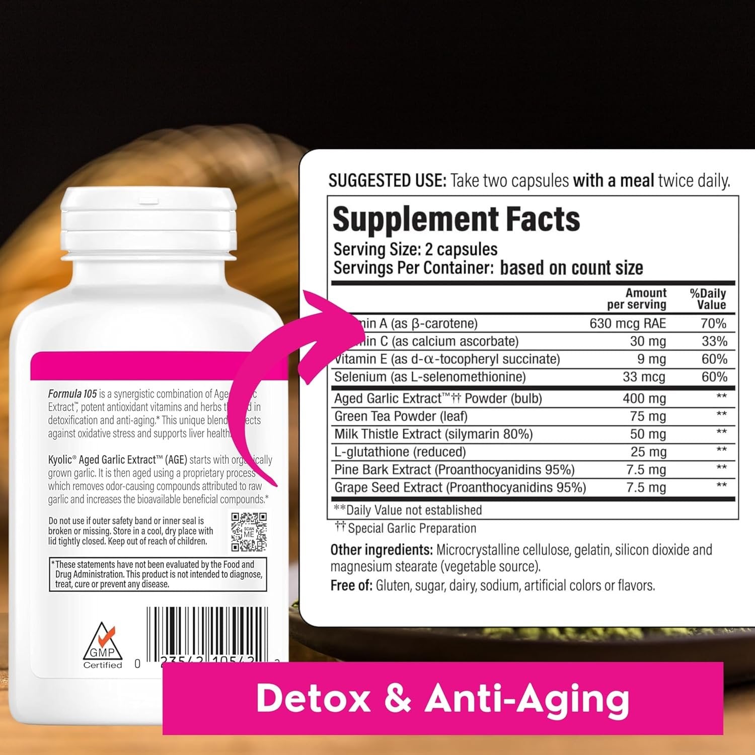 Kyolic Aged Garlic Extract Detox & Anti-Aging Formula 105 - Organic Aged Garlic Extract Odorless - 200 Capsules - with Multi-Purpose Key Chain