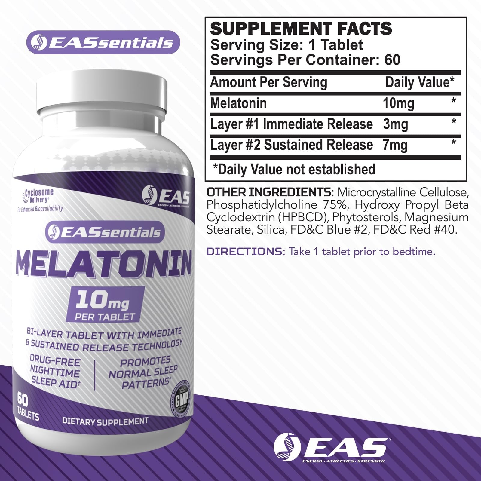 EAS Melatonin 10mg | Drug-Free Nighttime Sleep Aid | Immediate & Sustained Release Technology | Better Absorption with Cyclosome Delivery | 60 Tablets