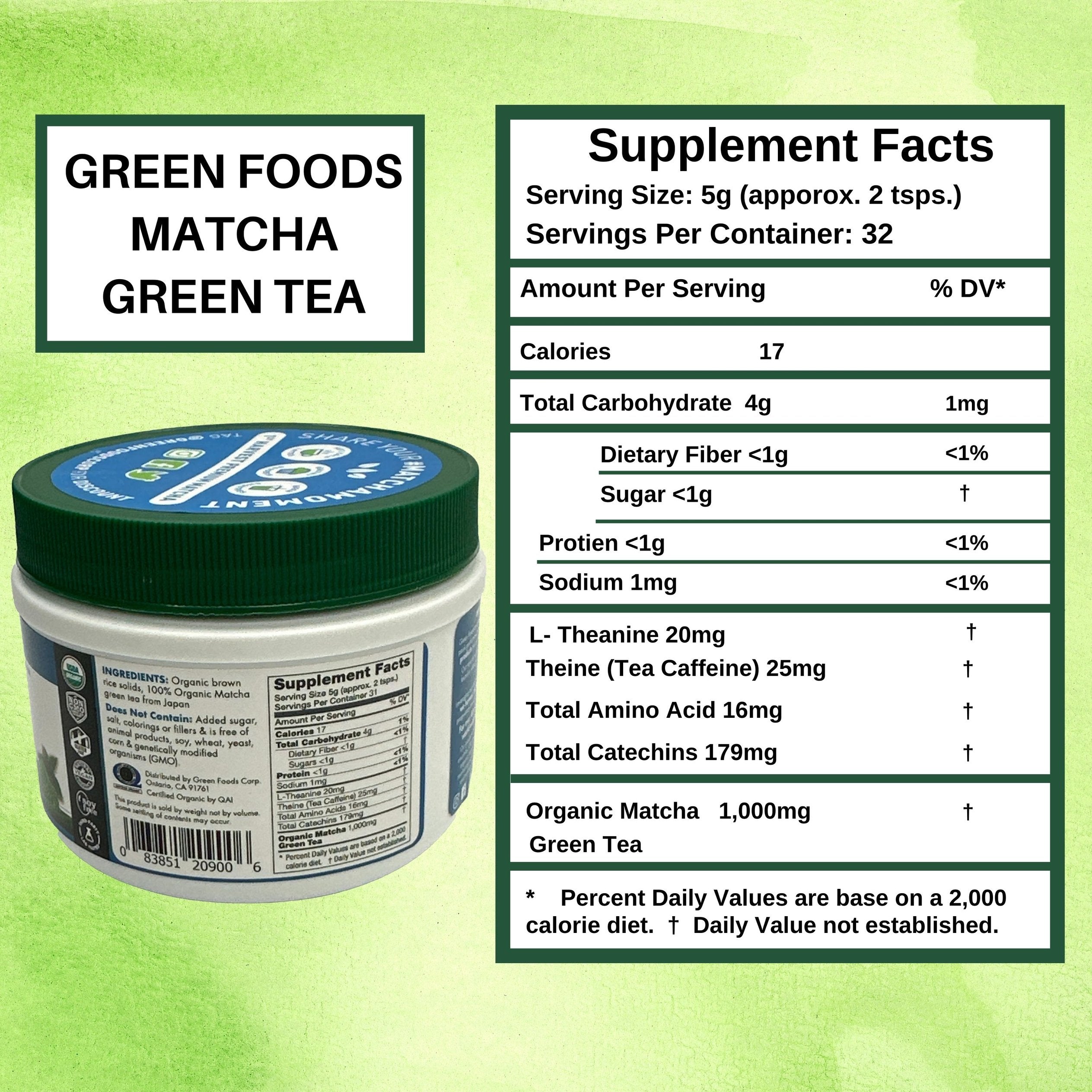 Green Foods Organic Ceremonial Grade Matcha Green Tea Energy Blend Powder - Alkalize - Detoxify - Energize - Rejuvenate - 5.5oz (156g) - with Multi-Purpose Keychain
