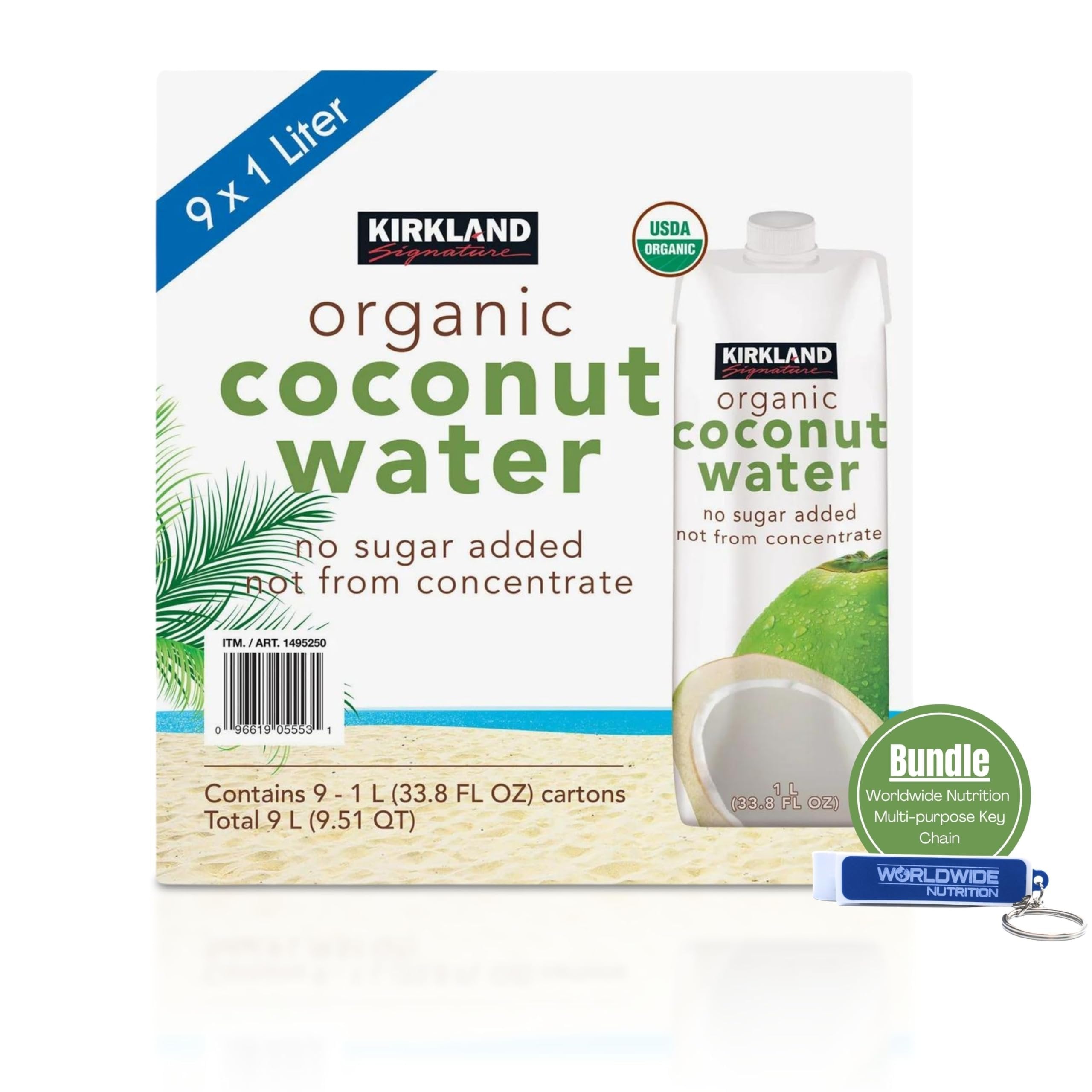 Kirkland Signature Organic Coconut Water Drink - No Sugar Added, Not From Concentrate, 33.8oz - Pack of 9 with Keychain