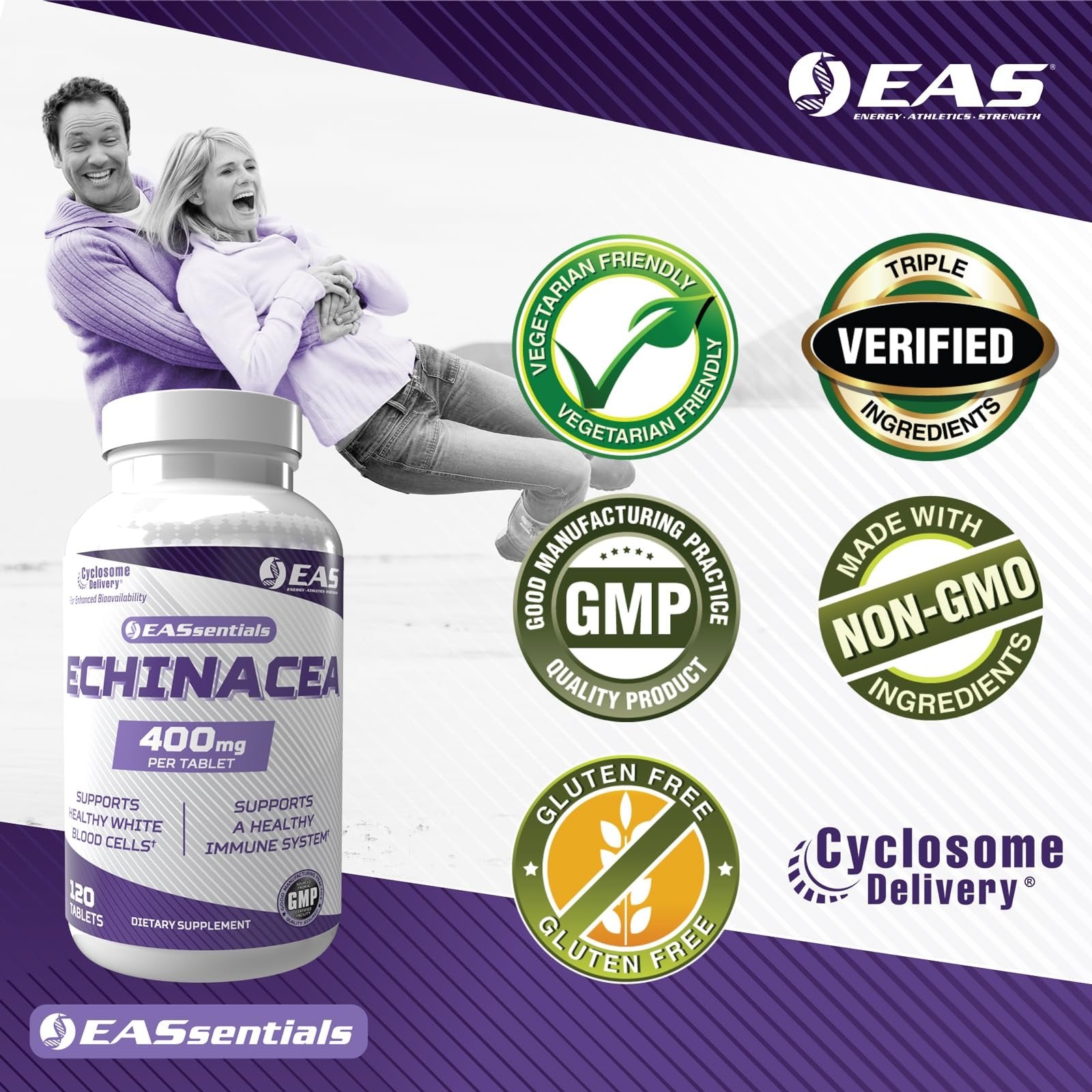 EAS Echinacea 400mg | Tri Blend Formulation | Immune & Respiratory Support | Gluten Free, Non GMO | Better Absorption with Cyclosome Delivery | 120 Tablets