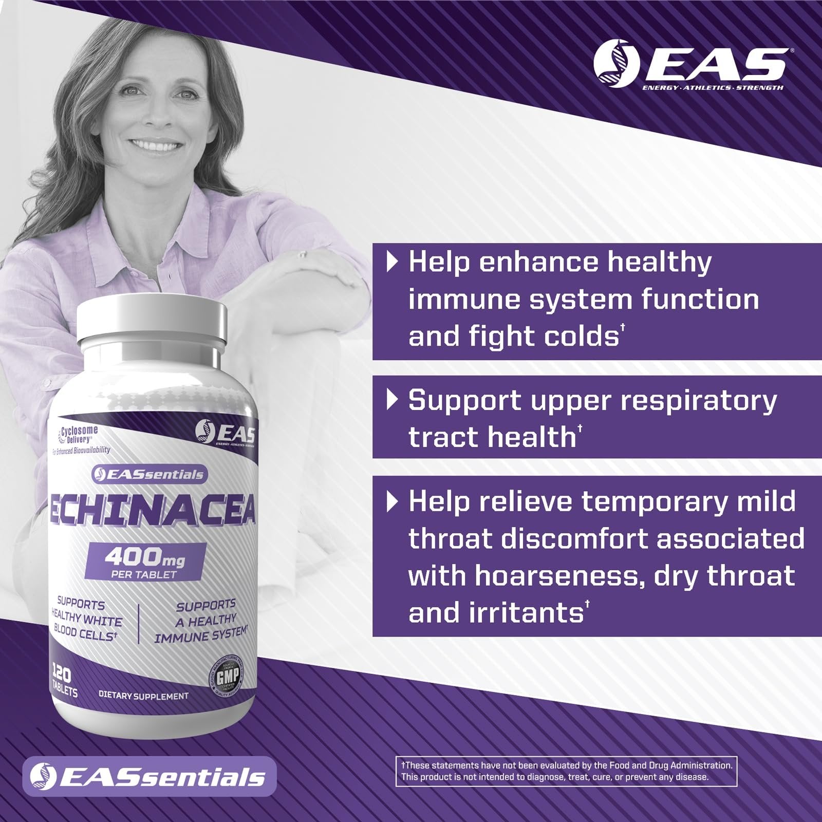 EAS Echinacea 400mg | Tri Blend Formulation | Immune & Respiratory Support | Gluten Free, Non GMO | Better Absorption with Cyclosome Delivery | 120 Tablets