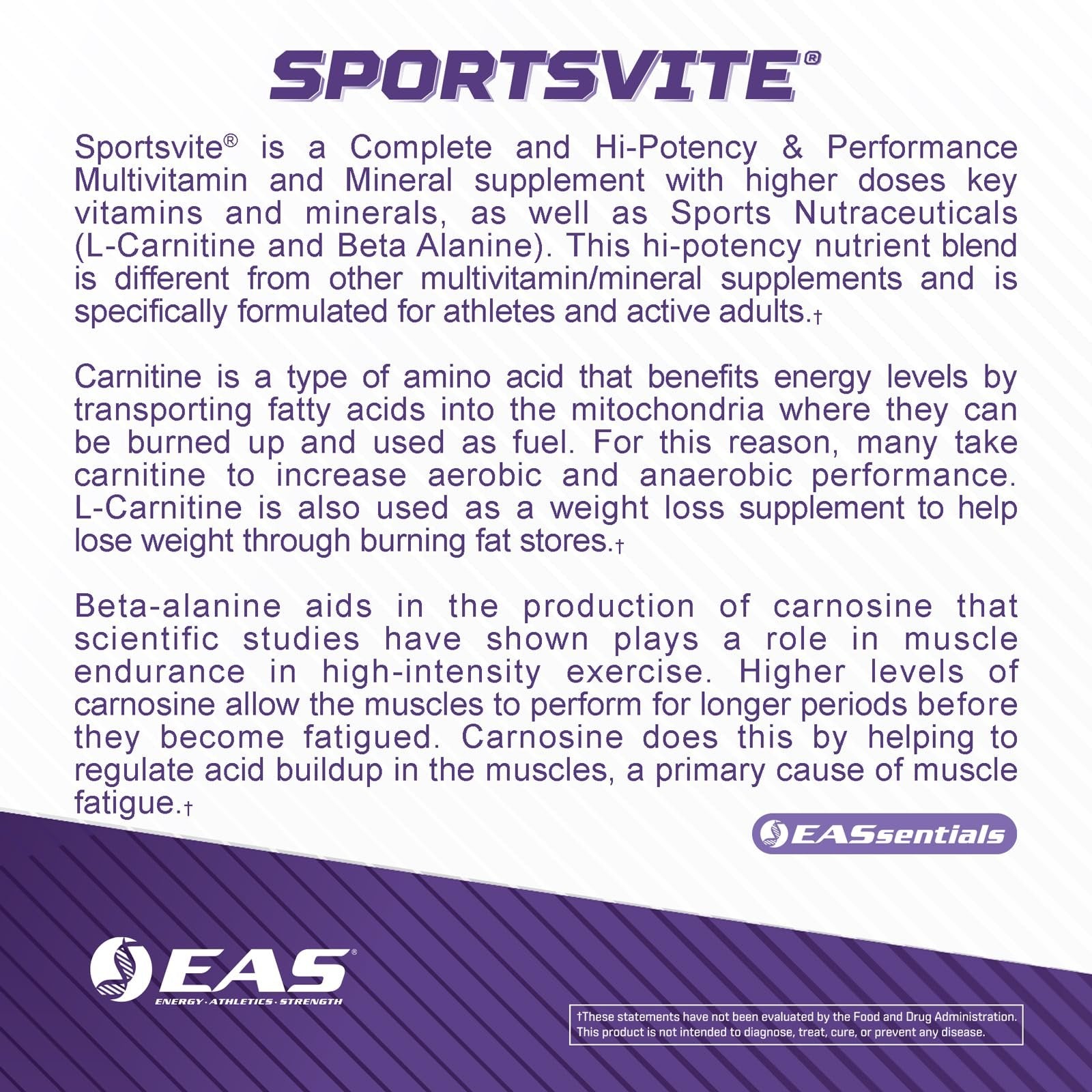 EAS SportsVite High Potency Multivitamin for Athletes | Vitamin & Mineral Nutrient Blend | 2300mg Beta Alanine, 2000mg Carnitine Tartrate | 180 Tablets