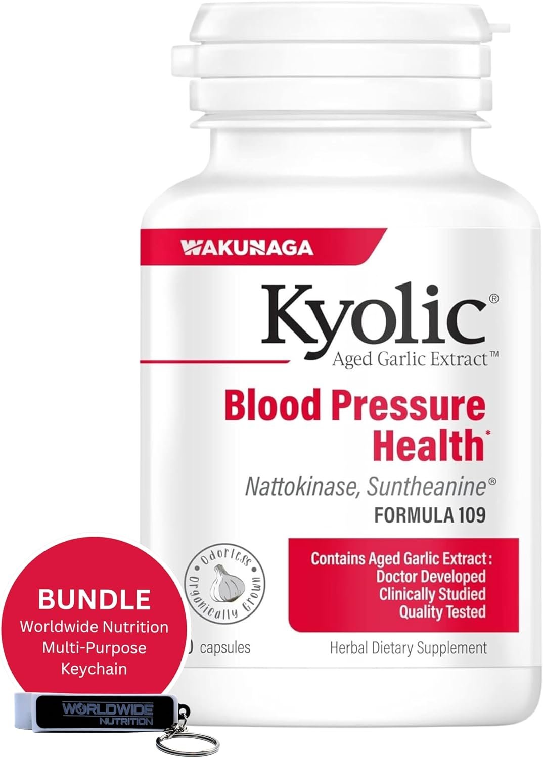 Kyolic Aged Garlic Extract Blood Pressure Health Formula 109 - Organic Garlic Supplement Odorless and Non-GMO 80 Capsules with Multi-Purpose Key Chain