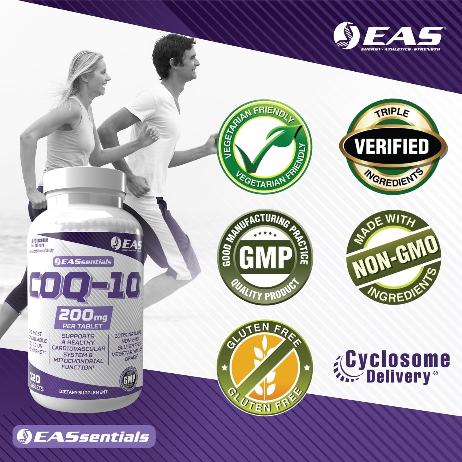 EAS COQ-10 200mg | Antioxidant Supporting Heart Health & Energy Production | Gluten Free, Non GMO | Better Absorption with Cyclosome Delivery | 120 Tablets