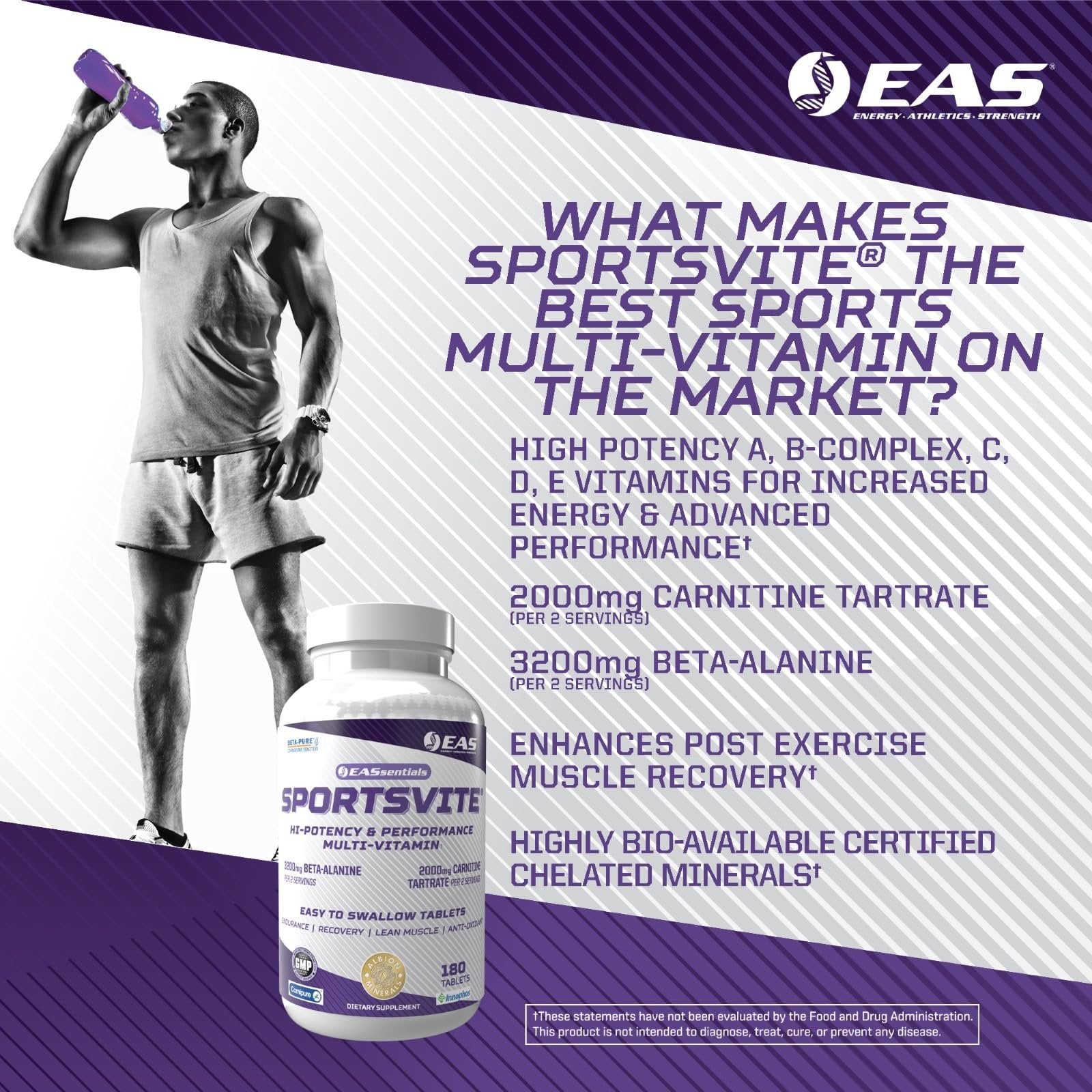 EAS SportsVite High Potency Multivitamin for Athletes | Vitamin & Mineral Nutrient Blend | 2300mg Beta Alanine, 2000mg Carnitine Tartrate | 180 Tablets