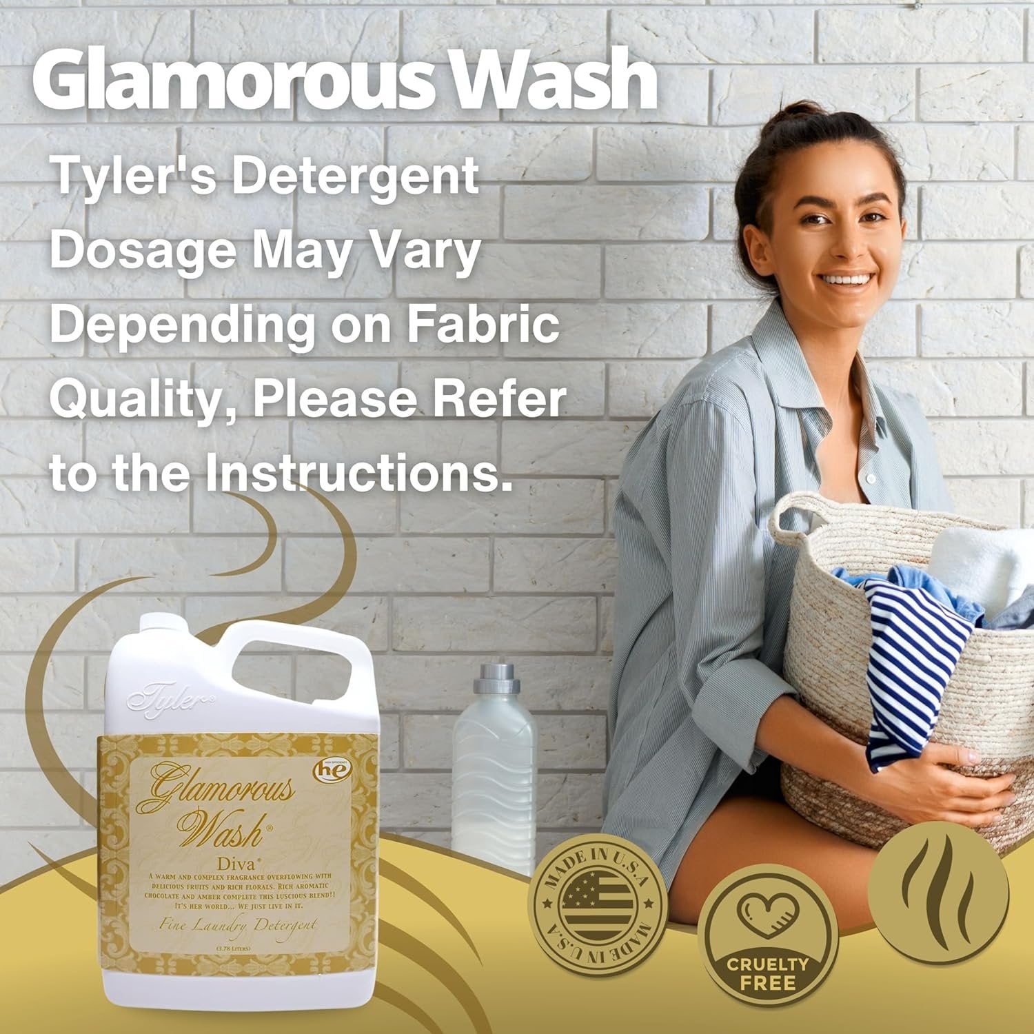 Tyler Candle Company Glamorous Wash Diva Fine Laundry Liquid Detergent - Hand and Machine Washable - 1 Gallon (3.78 L) - Pack of 1 with Multi-Purpose Keychain