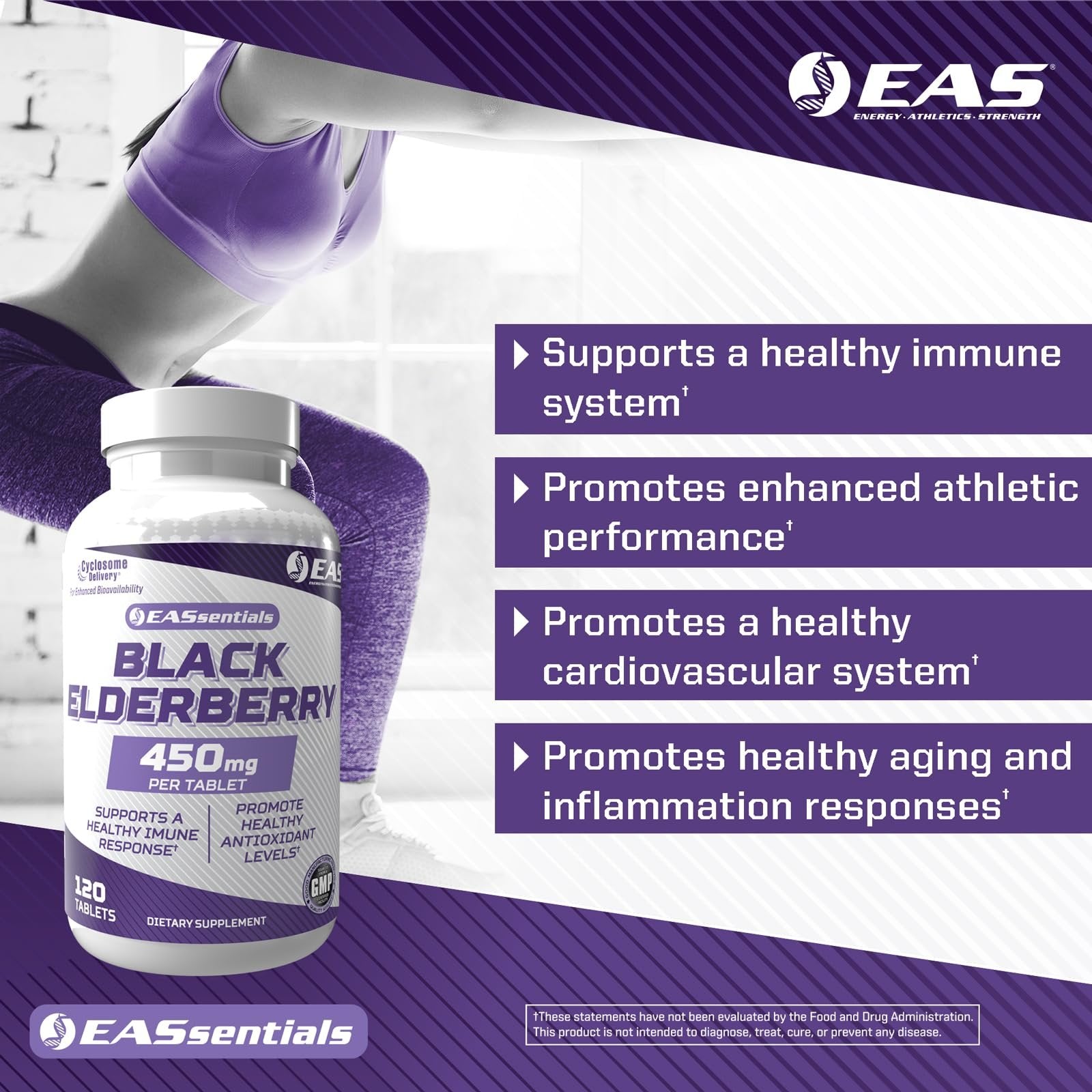 EAS Black Elderberry 450mg | Supports Healthy Immune Response | Gluten Free, Non GMO | Better Absorption with Cyclosome Delivery | 120 Tablets