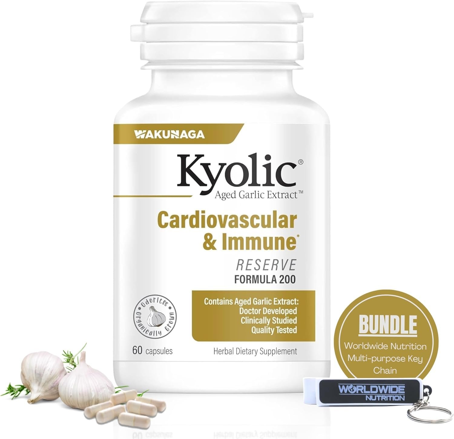 Kyolic Aged Garlic Extract Cardiovascular & Immune Reserve Formula 200 - 1 Pack (60 Capsules) with Multi-Purpose Key Chain