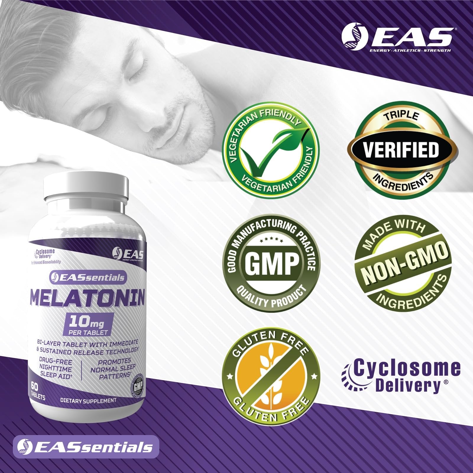 EAS Melatonin 10mg | Drug-Free Nighttime Sleep Aid | Immediate & Sustained Release Technology | Better Absorption with Cyclosome Delivery | 60 Tablets