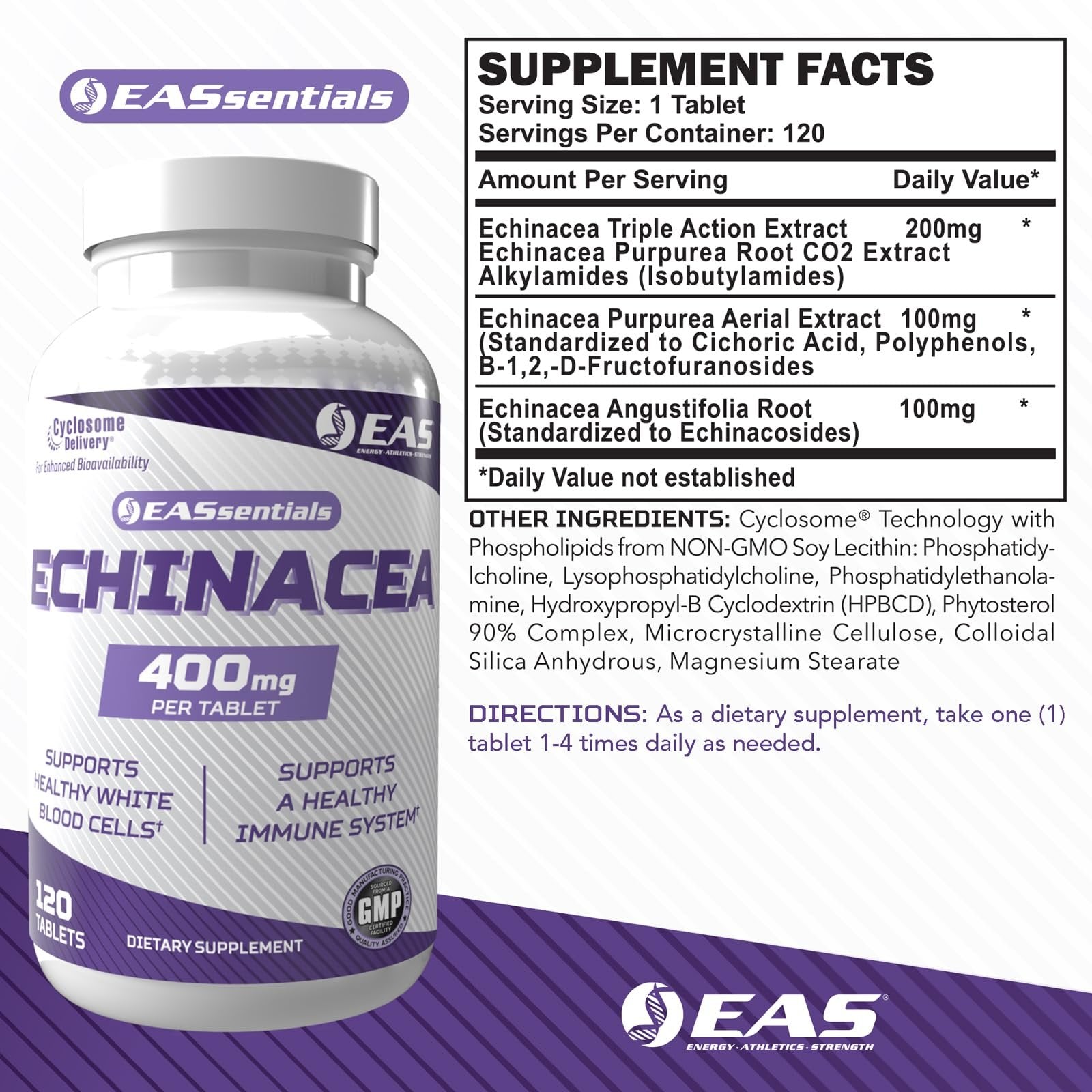 EAS Echinacea 400mg | Tri Blend Formulation | Immune & Respiratory Support | Gluten Free, Non GMO | Better Absorption with Cyclosome Delivery | 120 Tablets
