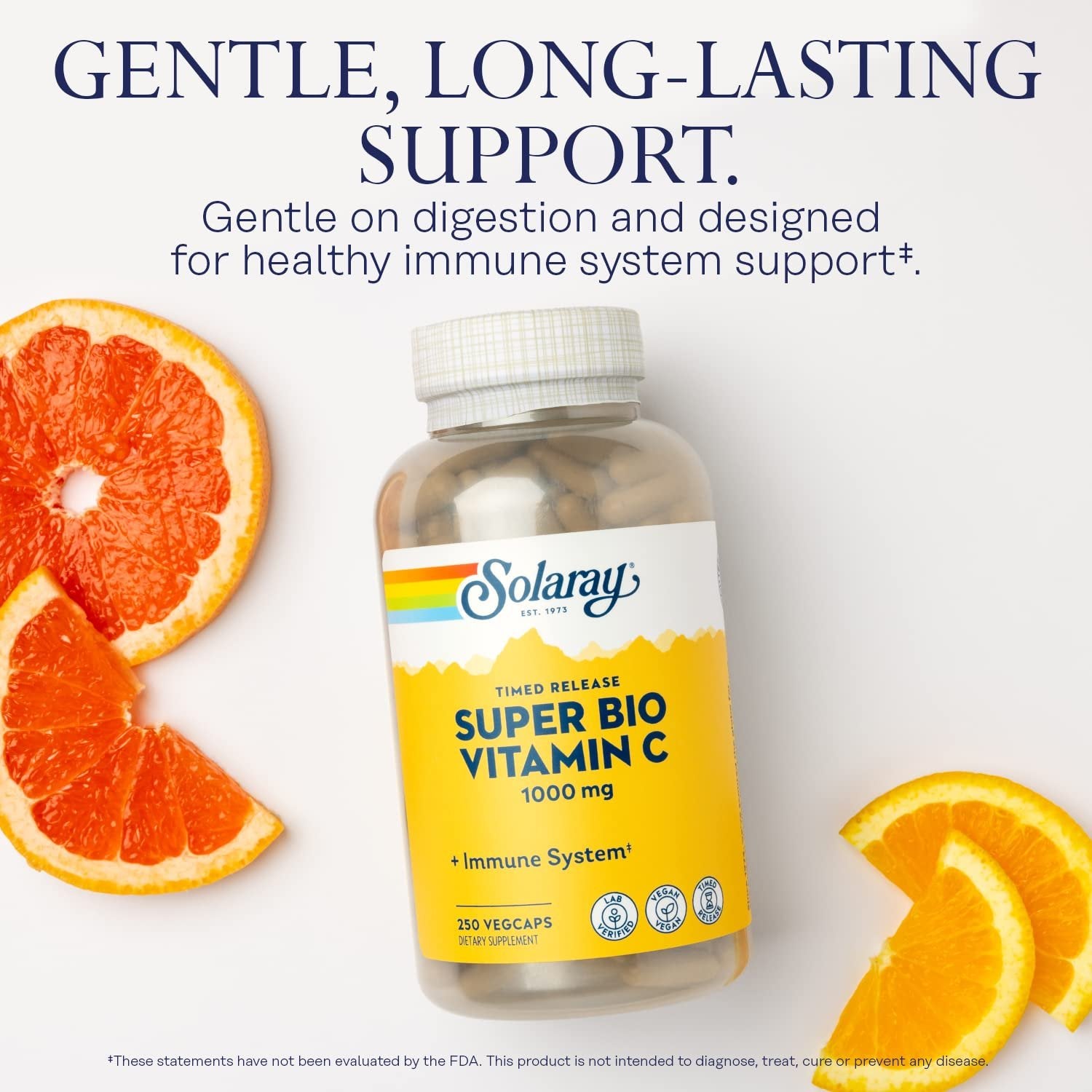 Solaray Super Bio Vitamin C 1000mg, Buffered, Time Release Capsules with Bioflavonoids, Two-Stage for High Absorption & All Day Immune Support, Vegan, 60 Day Guarantee, 125 Servings, 250 VegCaps