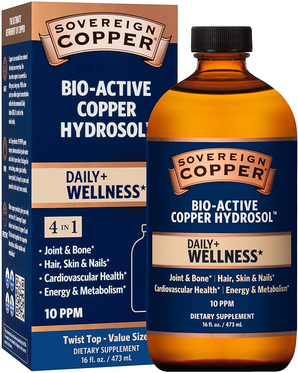 Sovereign Copper Bio-Active Copper Hydrosol, Daily+ 4-in-1 Wellness Supplement for Joint and Bone*, Hair, Skin and Nails*, Cardiovascular Health* and Energy and Metabolism Support*, 16oz