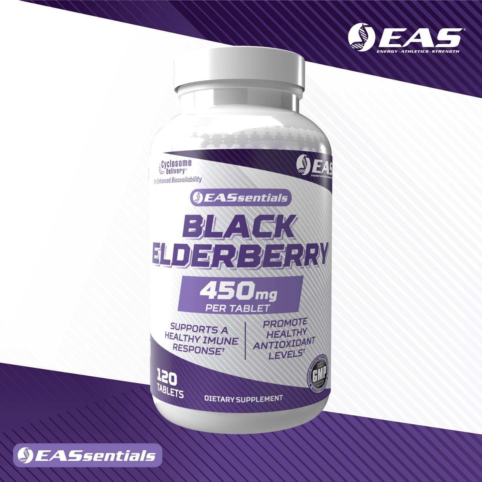 EAS Black Elderberry 450mg | Supports Healthy Immune Response | Gluten Free, Non GMO | Better Absorption with Cyclosome Delivery | 120 Tablets