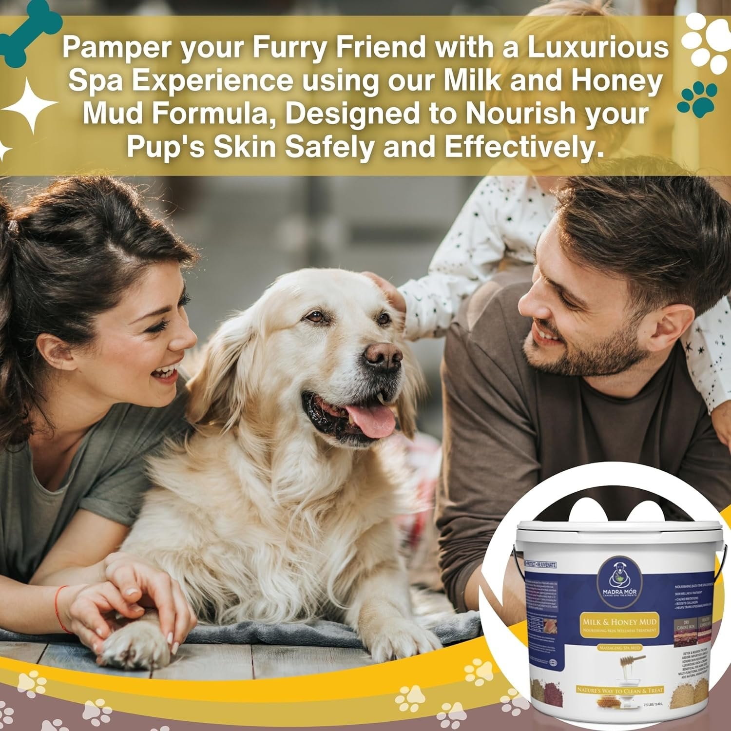 Madra Mor - Milk & Honey Mud Massaging Spa Bath for Dogs - Skin Care, Grooming - 1 Pack of 7.5 lb (3.4L) - with Multi-Purpose Key Chain