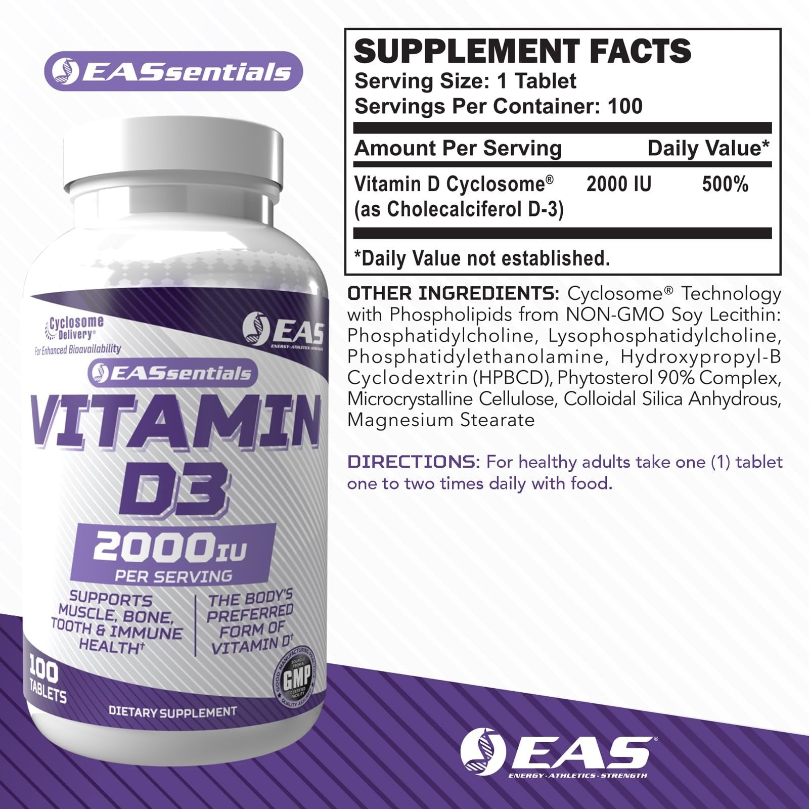 EAS Vitamin D3 2000 IU | Supports Muscle, Bone, Tooth, & Immune Health | Gluten Free, Non GMO | Better Absorption with Cyclosome Delivery | 100 Tablets