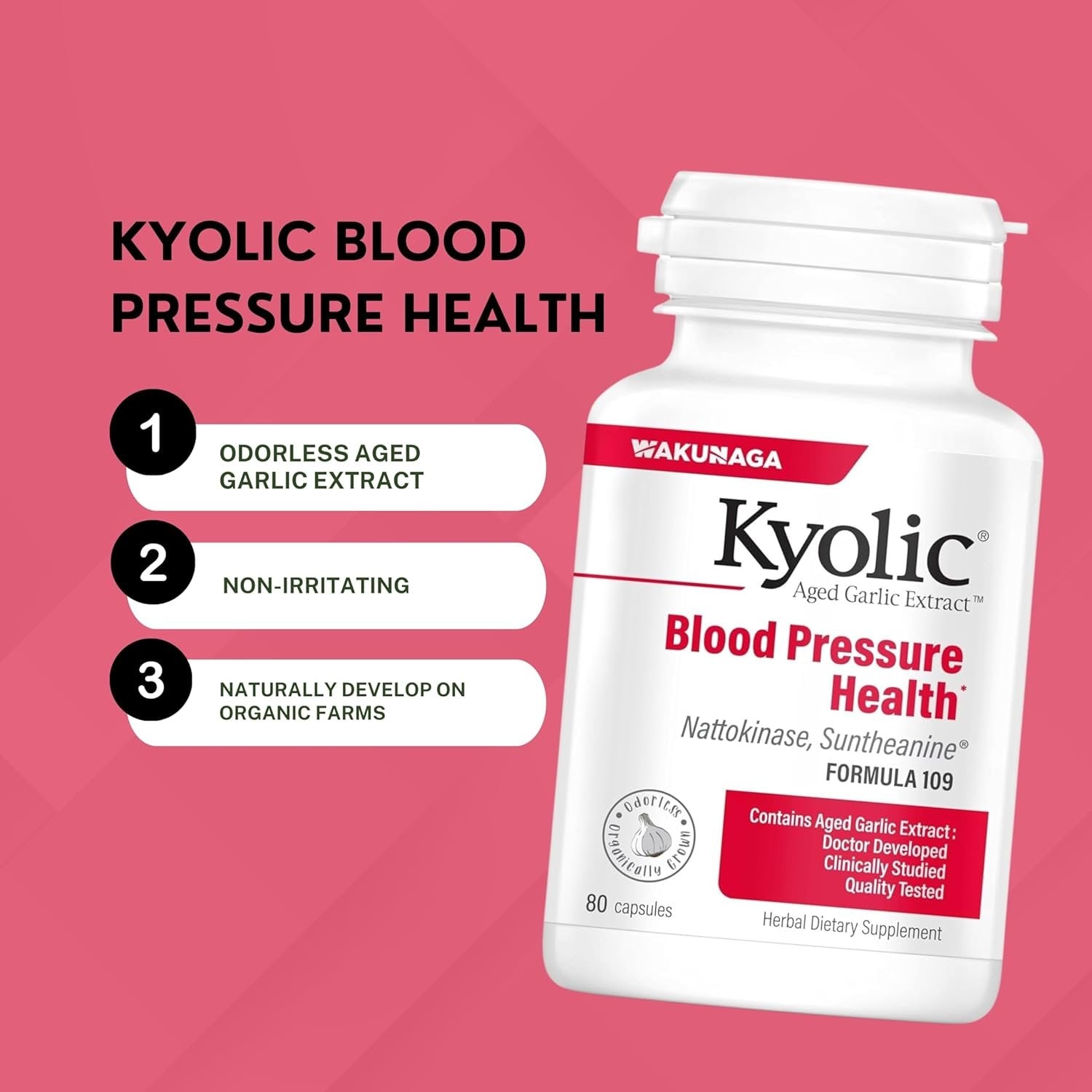 Kyolic Aged Garlic Extract Blood Pressure Health Formula 109 - Organic Garlic Supplement Odorless and Non-GMO 80 Capsules with Multi-Purpose Key Chain