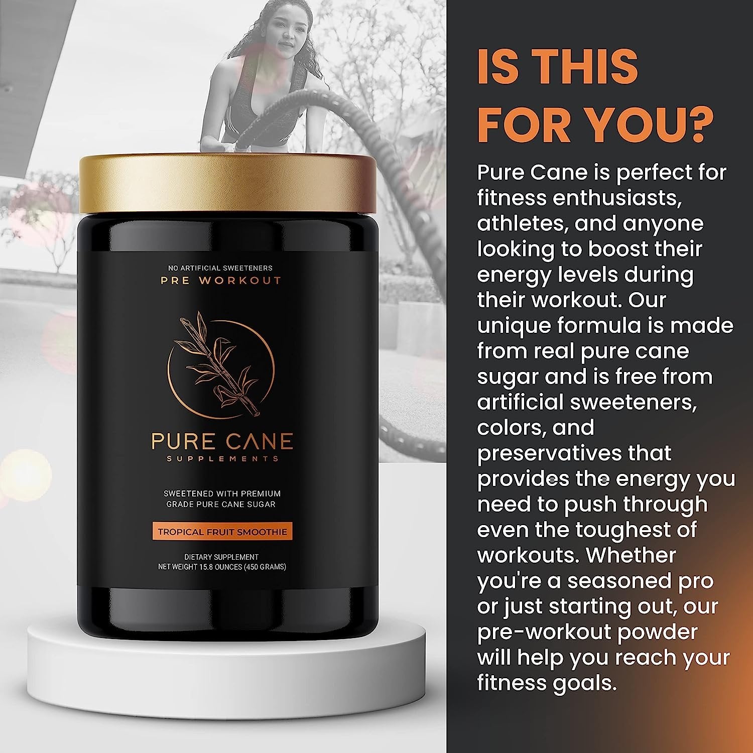 Pure Cane Natural Pre Workout Powder for Men & Women - No Artificial Sweeteners, Sweetend With Natural Pure Cane Sugar- Tropical Fruit Smoothie