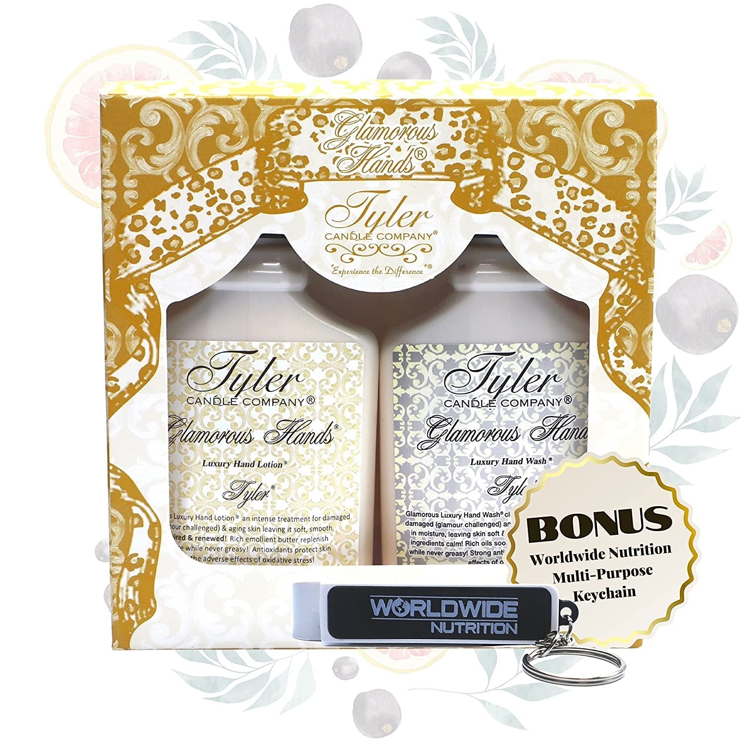 Worldwide Nutrition Tyler Candle Company Tyler Scented Glamorous Hand Wash and Hand Lotion Gift Set - Pack of 2, 8 Oz Tyler Scented Hand Cream Pump Bottles for Luxury Skin Care with Bonus Key Chain