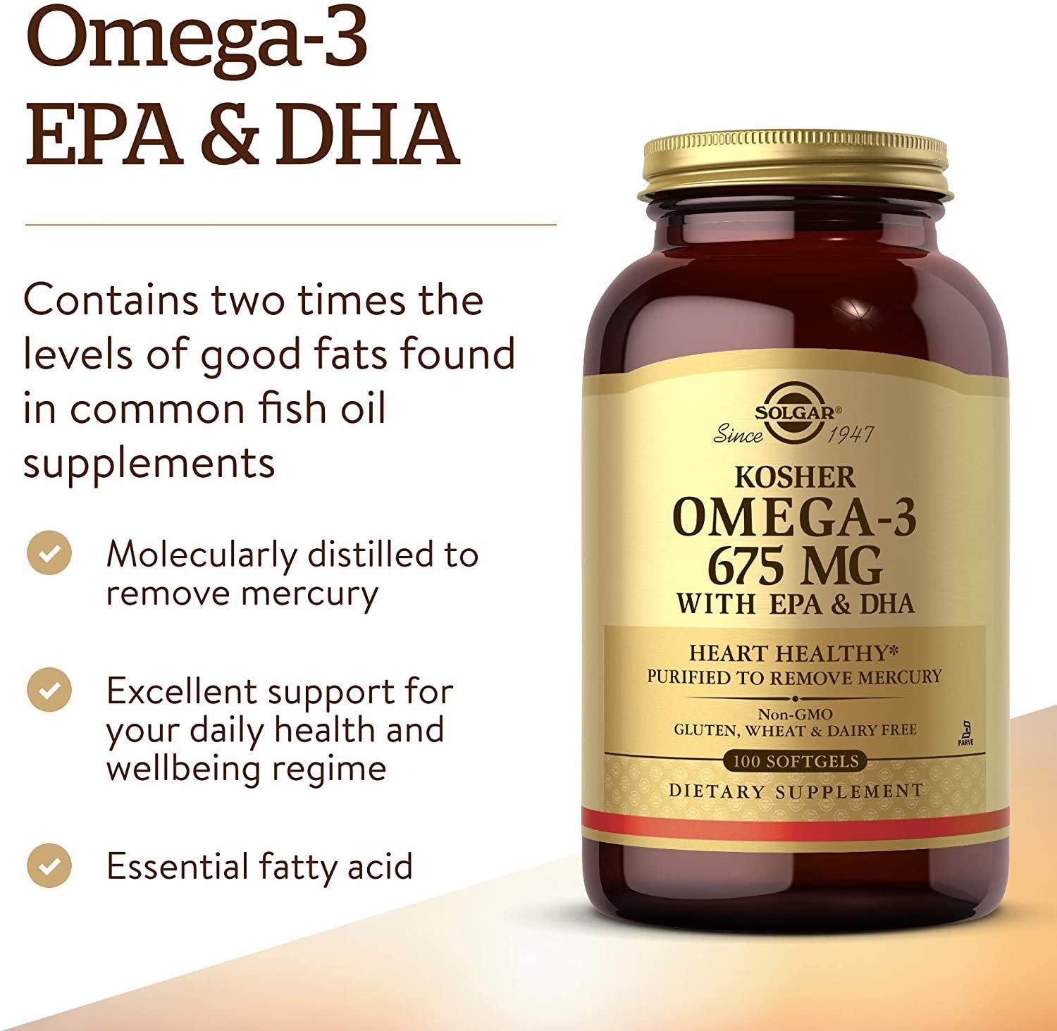 Solgar Kosher Omega-3 675 mg, 100 Softgels - Cardiovascular, Joint & Cellular Health - Concentrated Omega-3 Fatty Acids EPA & DHA - Non-GMO, Gluten Free, Dairy Free, Kosher - 100 Servings