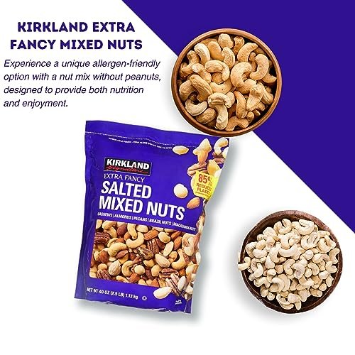 Kirkland Signature Extra Fancy Salted Mixed Nuts, 40 oz - Cashews, Almonds, Pecans, Brazil Nuts and Macadamia Nuts -  Pack of 1 with Multi-Purpose Keychain