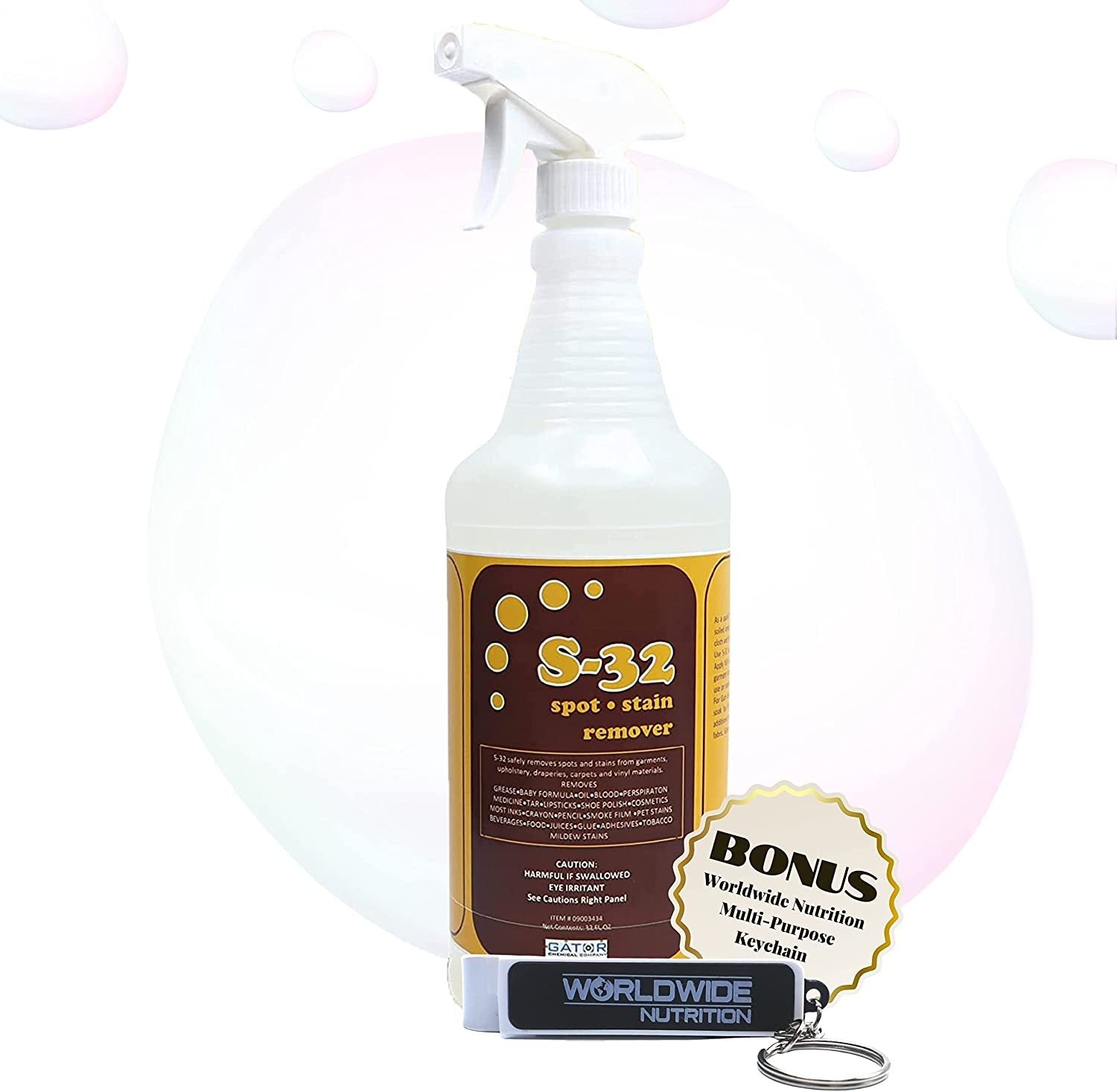 Gator Chemical Company S-32 Liquid Spot and Stain Remover - Multipurpose Cleaner for Laundry, Carpet & Upholstery - Professional Strength Stain Remover - 32 Fl Oz Spray Bottle with Bonus Key Chain
