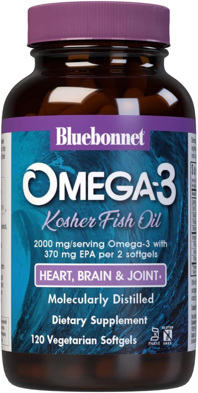 Bluebonnet Nutrition Omega-3 Kosher Fish Oil, Natural Triglyceride Form, Gluten-Free, Dairy-Free, Kosher Certified, Non-GMO, 3rd Party Tested, Molecularly Distilled, 120 Vegetarian Softgel, 60 Serving