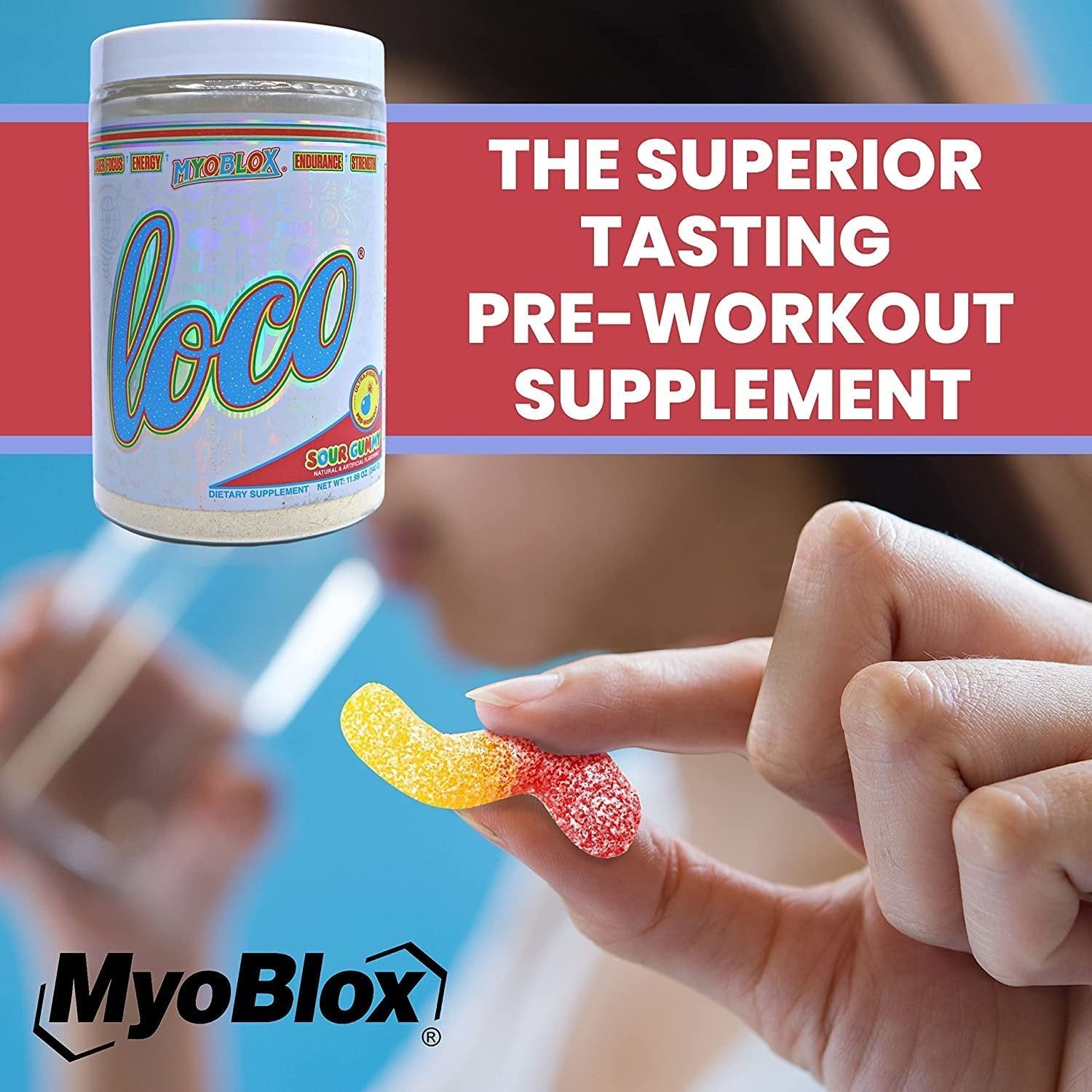 Worldwide Nutrition MyoBlox Loco Sour Gummy Pre Workout - Preworkout for Men & Women | Workout Energy Drink for Energy, Focus, & Intensity | 40 Servings of Sports Nutrition w Multi Purpose Key Chain