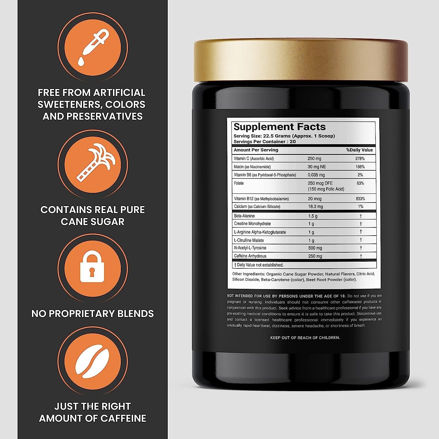 Pure Cane Natural Pre Workout Powder for Men & Women - No Artificial Sweeteners, Sweetend With Natural Pure Cane Sugar- Tropical Fruit Smoothie