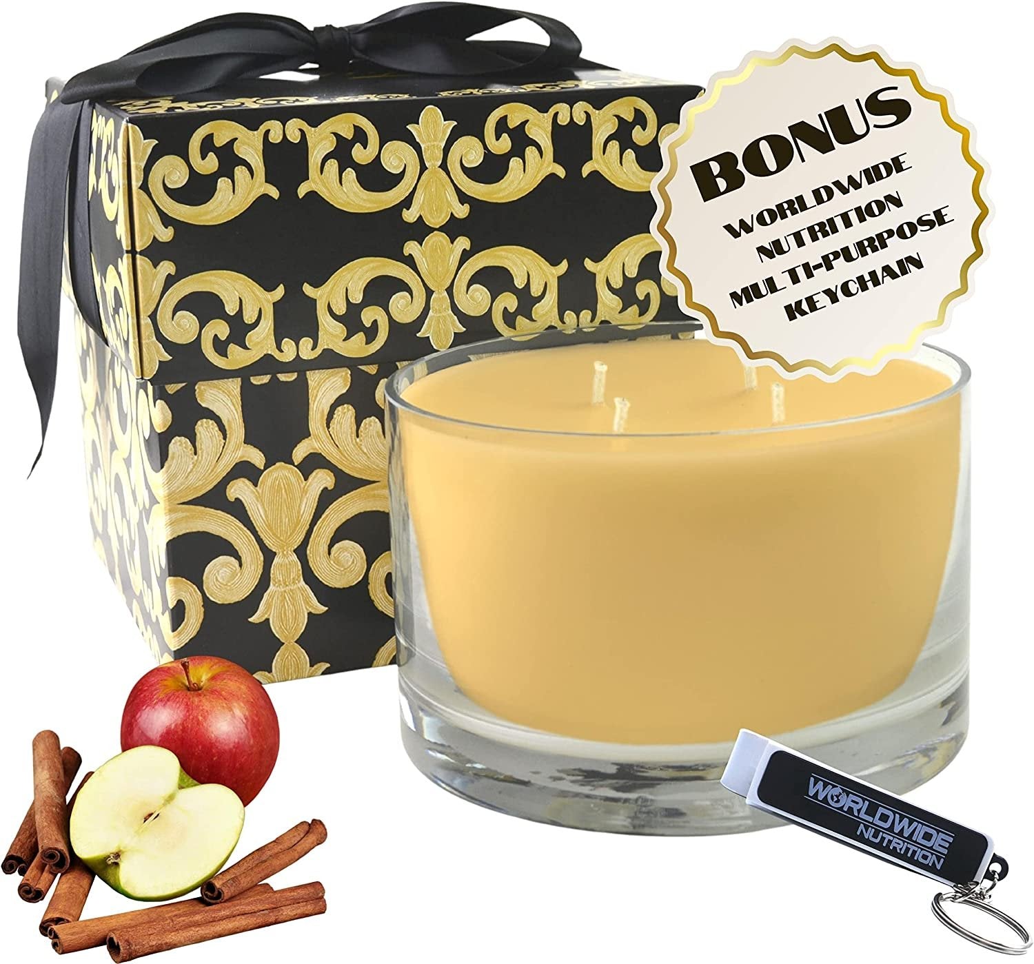 Tyler Candle Company 40 oz Mulled Cider Scented Candle | 4 Wick Large Candle | 220 Hr Burn | Decorative Candles | Home Decor Gift for Women & Men w Worldwide Nutrition Multi Purpose Key Chain