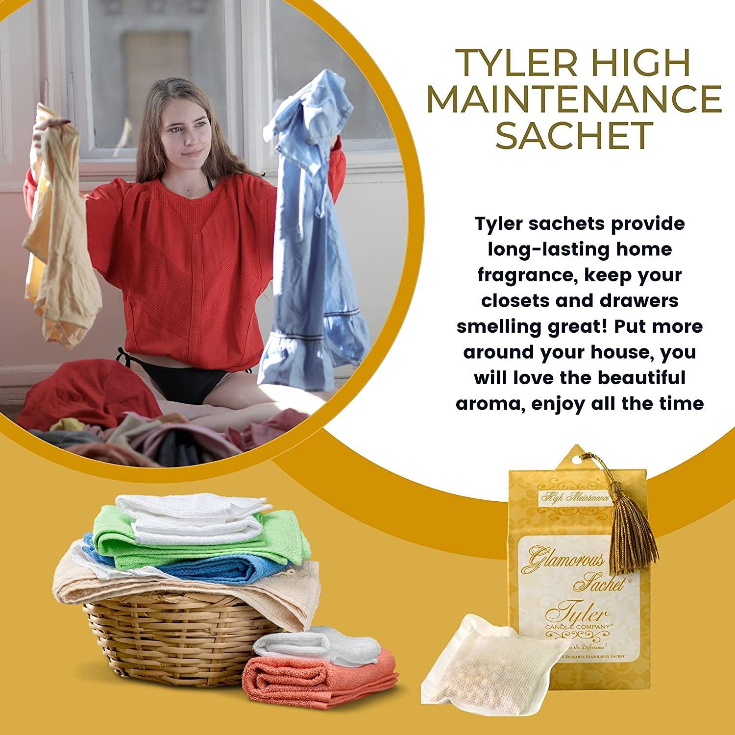Tyler Candle Company High Maintenance Dryer Sheet Sachets - Glamorous Reusable Dryer Sheets - Sachets for Drawers and Closets - 1 Pack, 4 Sachets, Dryer, Home, or Personal Sachet, with Bonus Key Chain