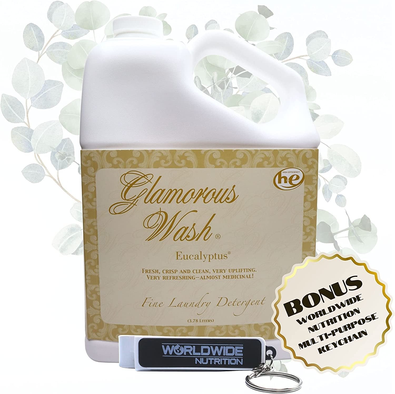 Tyler Candle Company Glamorous Wash Eucalyptus Scent Fine Laundry Liquid Detergent - Liquid Laundry Detergent for Clothing - Hand and Machine Washable - 3.78L (1Gal) Container with Bonus Key Chain