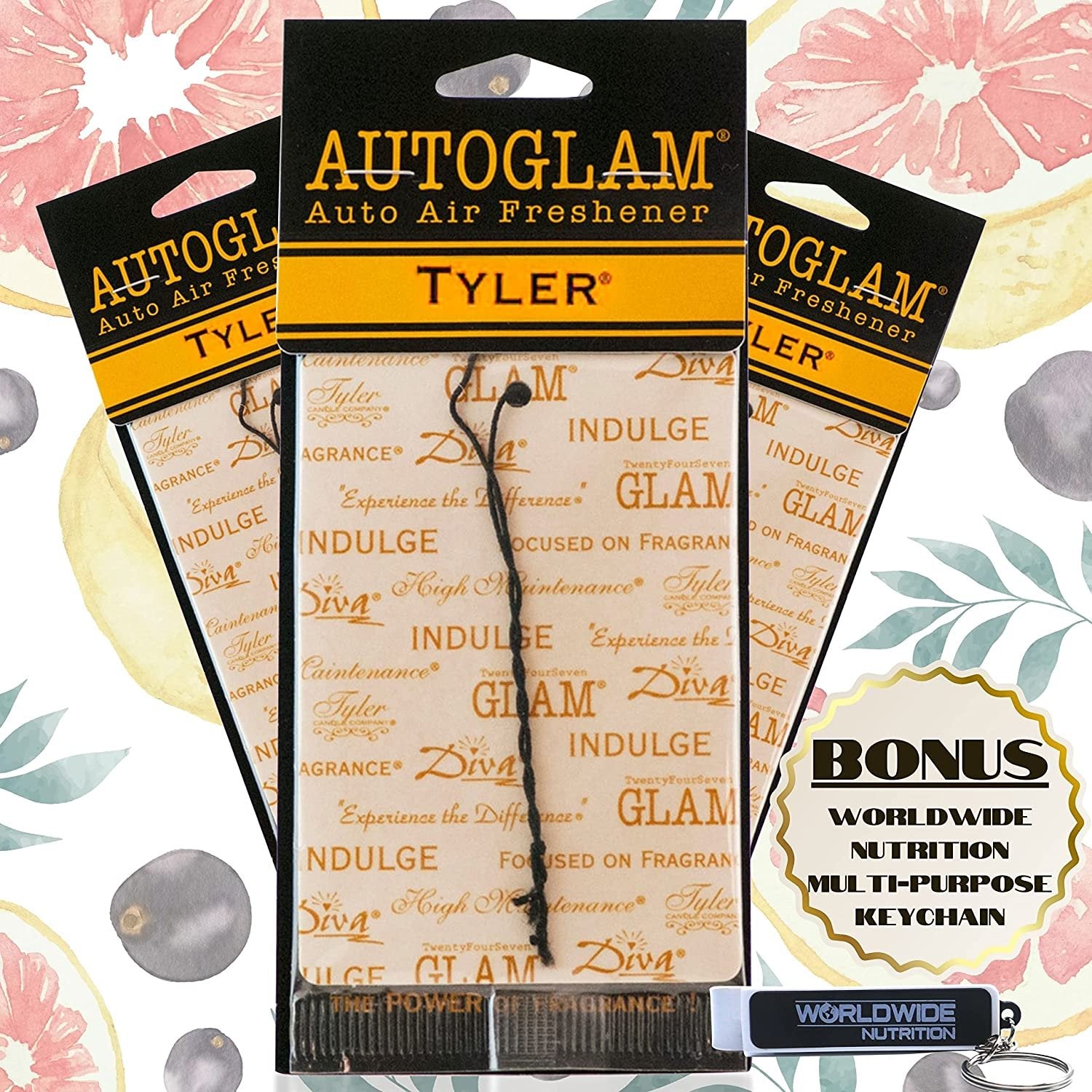 Tyler Candle Company AutoGlam Car Air Fresheners - Tyler Scent Car Fresheners | Car Odor Eliminator Air Refresher | Car Accessories - Pack of 3 w Worldwide Nutrition Multi Purpose Key Chain