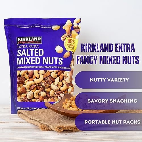 Kirkland Signature Extra Fancy Salted Mixed Nuts, 40 oz - Cashews, Almonds, Pecans, Brazil Nuts and Macadamia Nuts -  Pack of 1 with Multi-Purpose Keychain