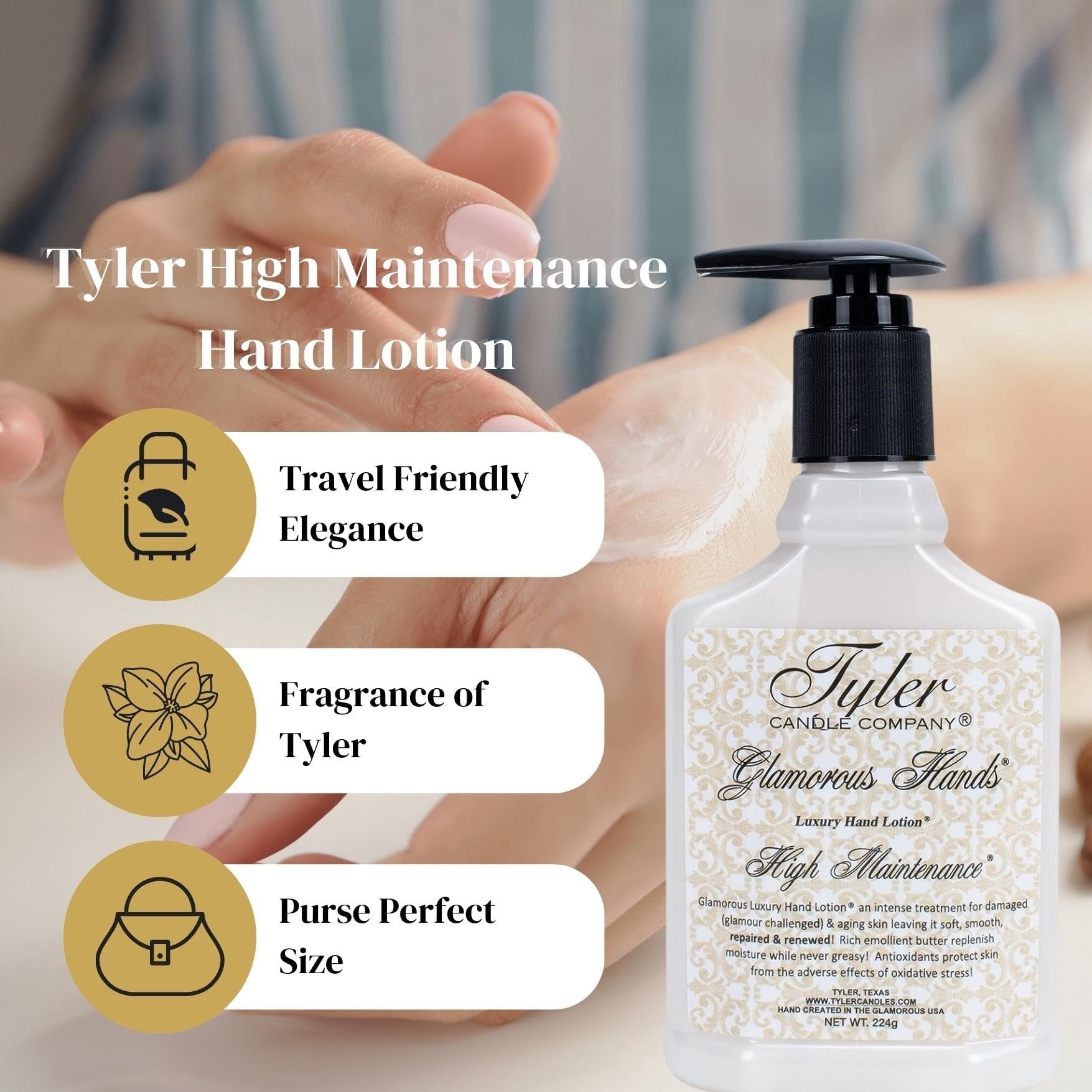 Tyler High Maintenance Hand Lotion - Scented and Small Hand Cream For Dry Hands - 8 Oz Travel Size Luxury Hand Moisturizer and Multi-Purpose Key Chain