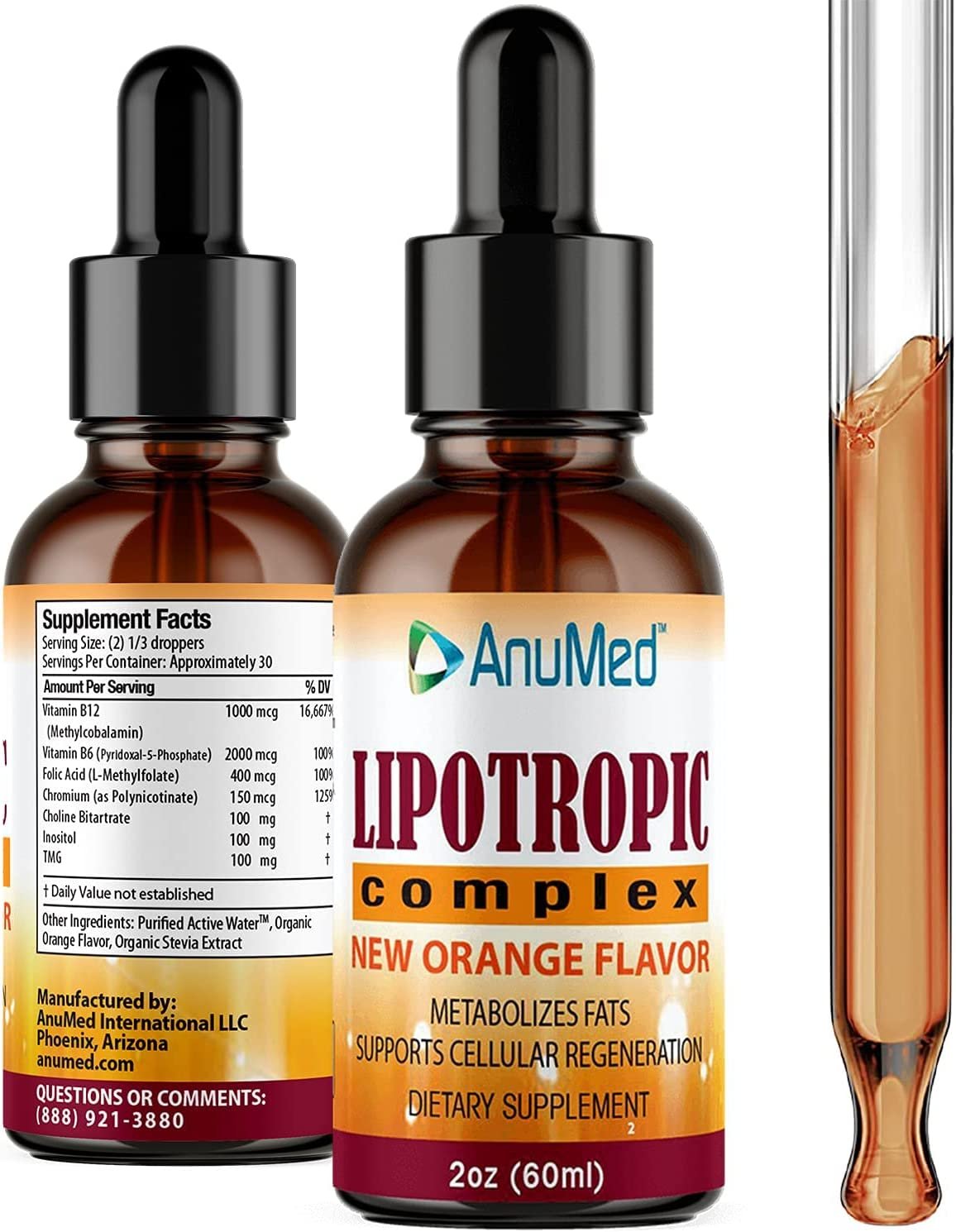 ANUMED - Lipotropic Complex Liquid Drops with Vitamin B12, B6, Folic Acid, Choline, Inositol for Liver Health, Natural Cleanser, Detox + Boosts Natural Energy Levels. Vegan, Non-GMO, Gluten-Free (2oz)