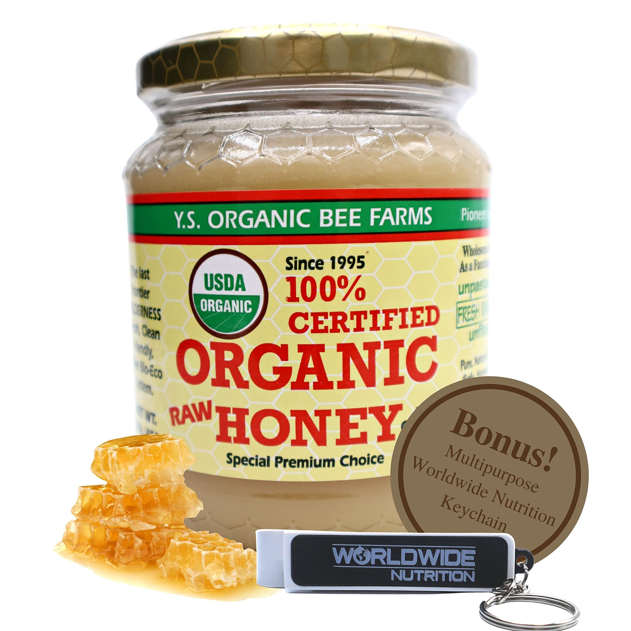 Y.S. Organic Bee Farms 100% Certified Y.S. Organic Raw Honey - Unpasteurized, Unfiltered, Pure Natural Honey - Gluten Free Organic Food and Natural Sweetener - 1 Lb Honey Jar with Bonus Key Chain