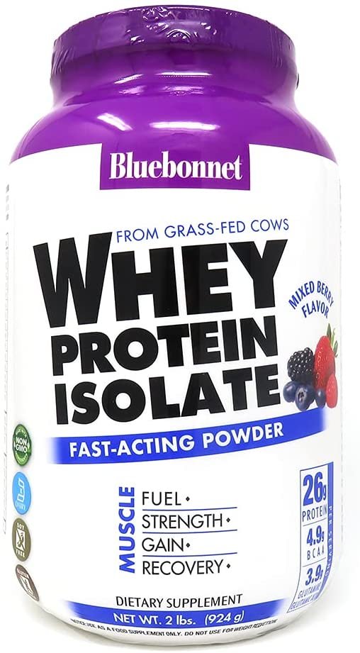 Bluebonnet Nutrition Whey Protein Isolate Powder, Whey From Grass Fed Cows, 26g of Protein, No Sugar Added, Non GMO, Gluten Free, Soy free, kosher Dairy, 2 Lbs, 28 Servings, Mixed Berry Flavor