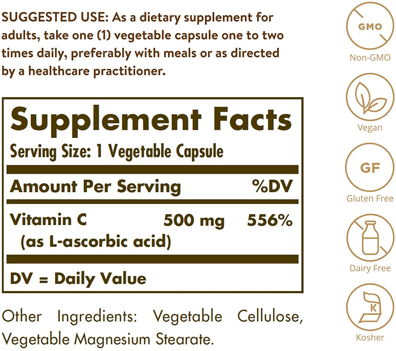 Solgar Vitamin C 500 mg, 100 Vegetable Capsules - Antioxidant & Immune Support - Overall Health - Supports Healthy Skin & Joints - Non GMO, Vegan, Gluten Free, Kosher - 100 Servings