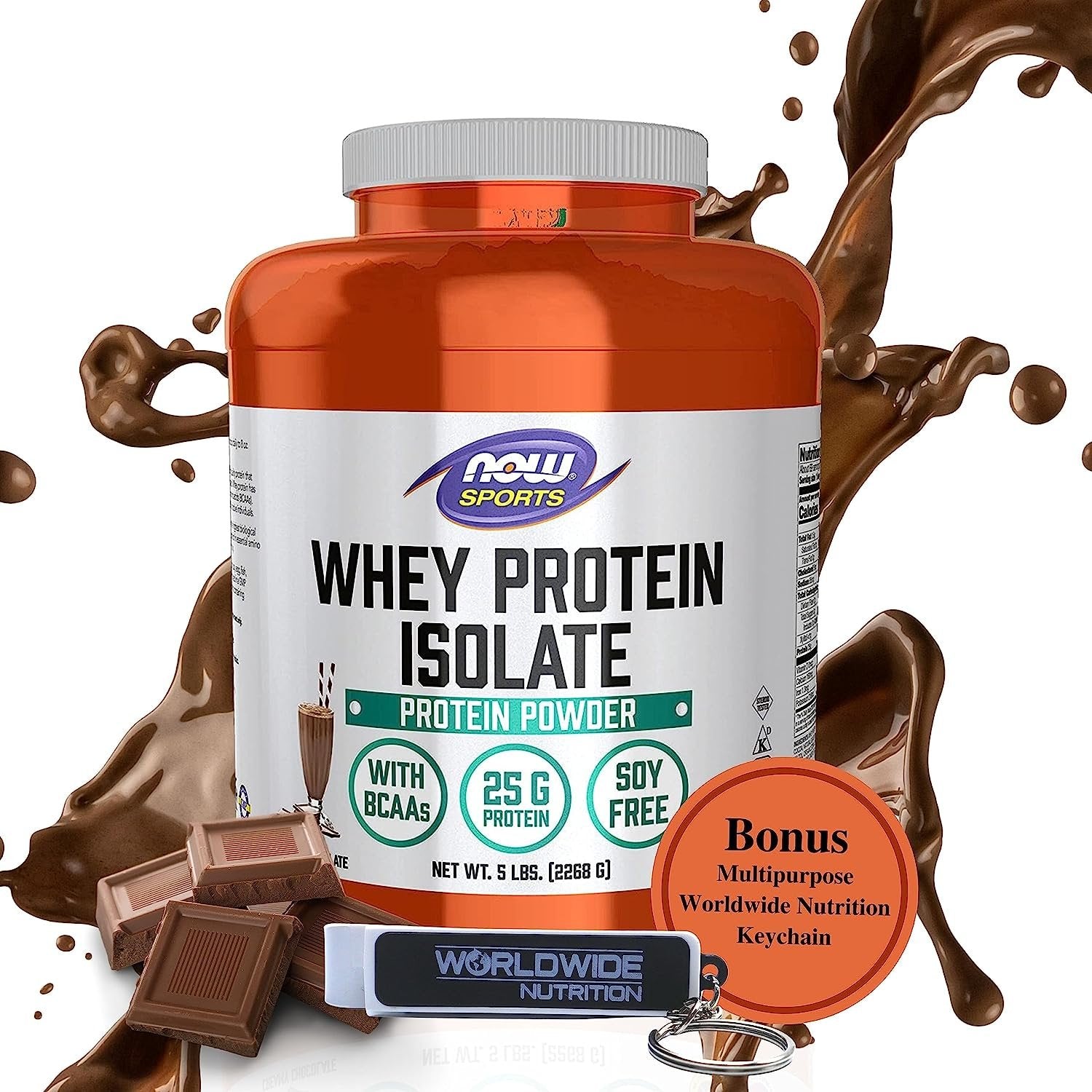 Now Sports Nutrition, Whey Protein Isolate, 25 G with BCAAs, Creamy Chocolate Powder, 5-Pound with Bonus Worldwidenutrition Multi-Purpose Key Chain
