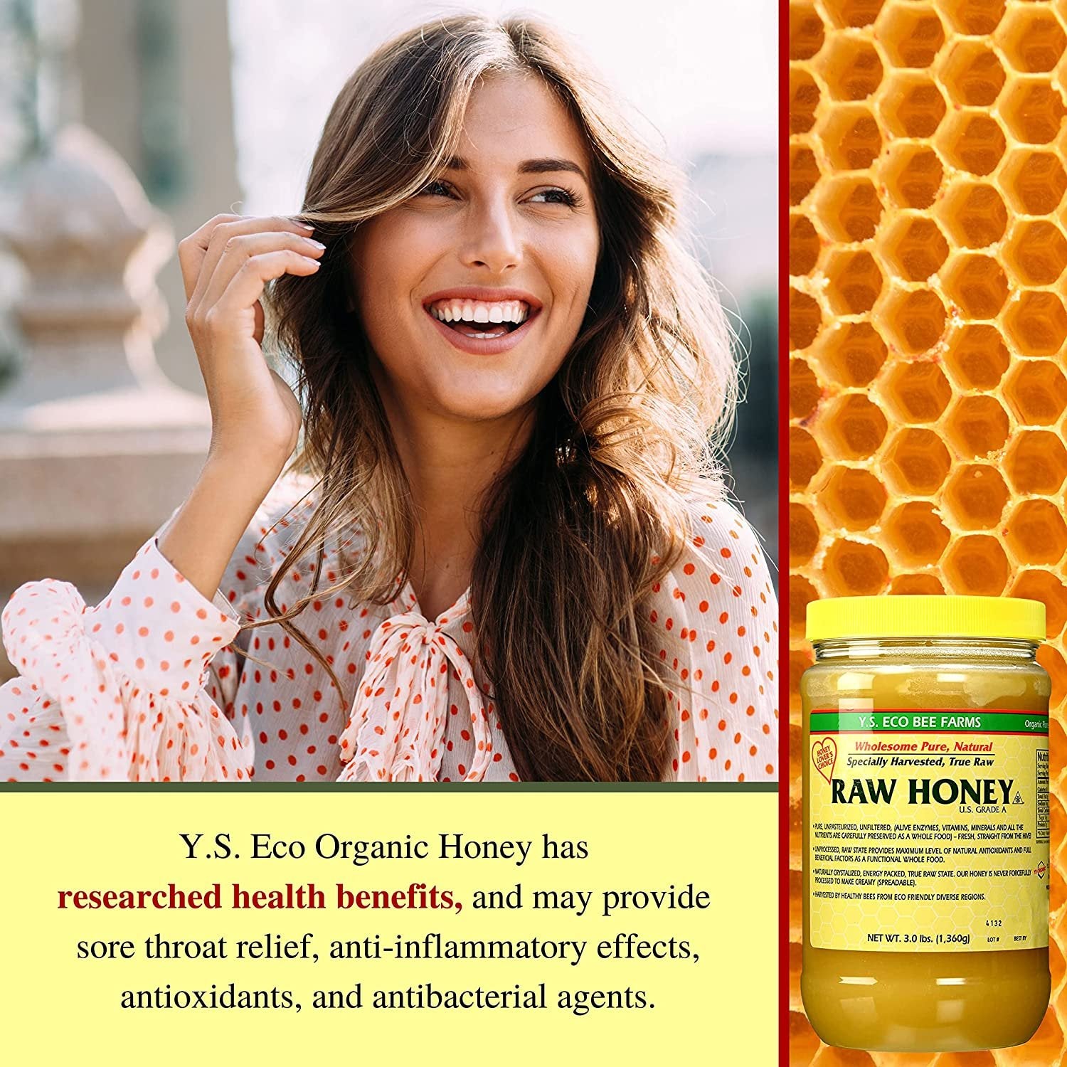 Y.S. Eco Bee Farms, Wholesome Natural Raw Honey, Unpasteurized, Unfiltered, Fresh Raw State, Kosher, Pure, Natural, Healthy, Safe, Gluten Free, Specially Harvested, 3lb - with Bonus Key Chain
