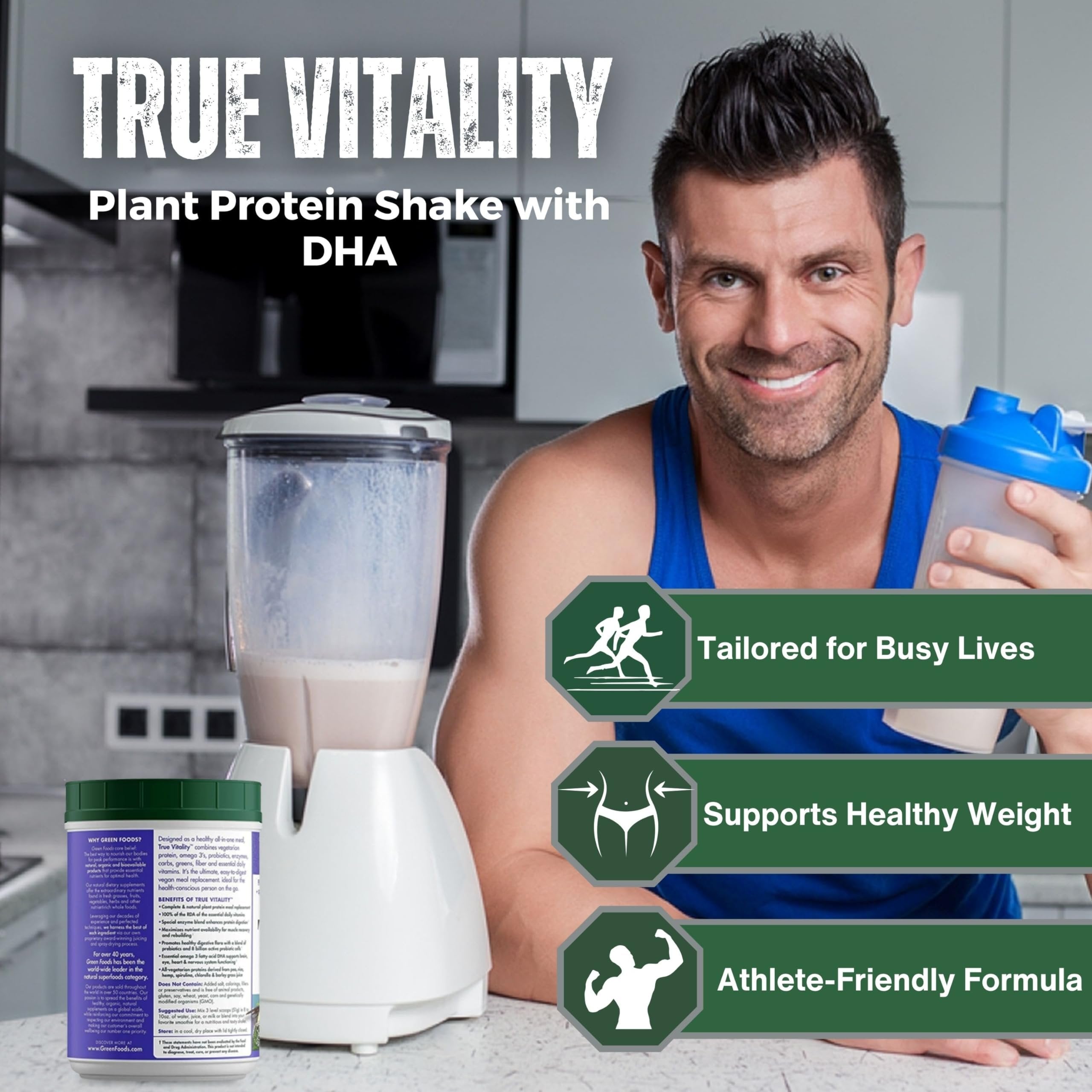 Worldwide Nutrition Bundle, 2 Items: Green Foods True Vitality Plant Protein Shake with DHA Vanilla - 25.2 oz Protein Powder Gluten Free Breakfast Shake Powder and Multi-Purpose Key Chain