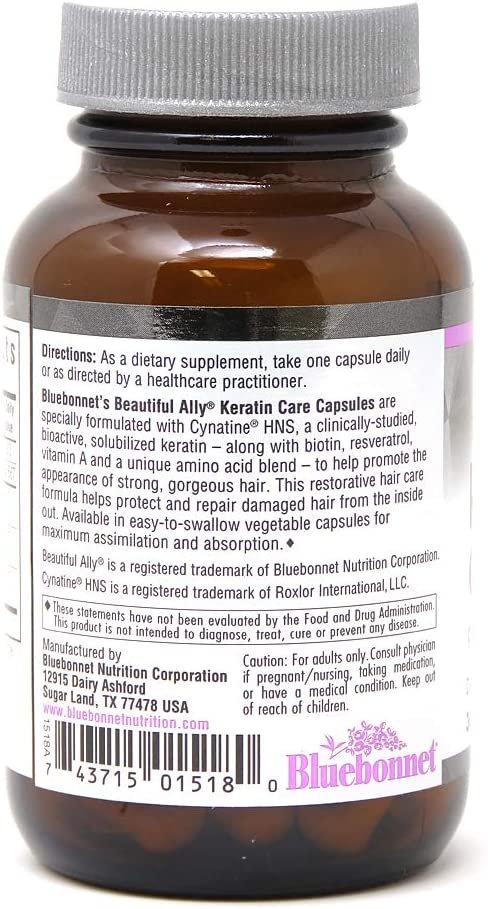 Bluebonnet Nutrition Beautiful Ally Keratin Care, Beauty Nutrient, Best for Hair, Strengthen and Revitalize Hair*, Non GMO, Gluten Free, Soy Free, Milk Free, 30 Vegetable Capsules, 30 Servings