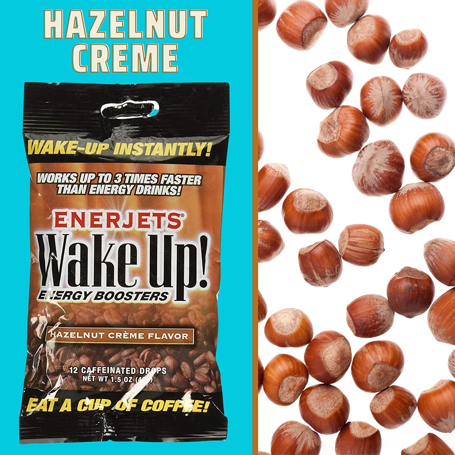Enerjets Wake Up Energy Booster Caffeinated Drops - Instant Coffee Energy Supplements - Hazelnut Creme Flavor - Pack of 12, 12 Drops Per Package with Keychain