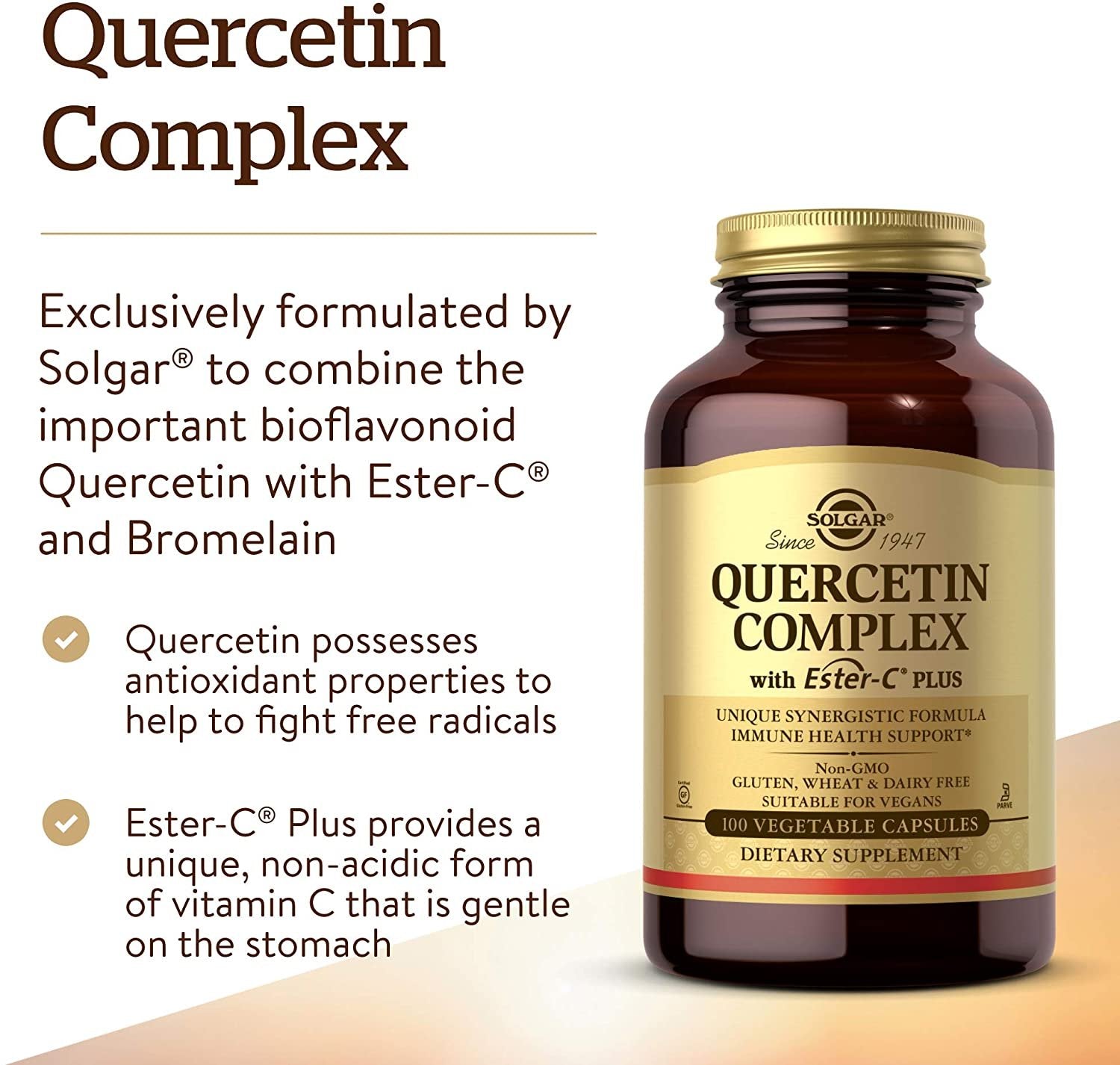 Solgar Quercetin Complex with Ester-C Plus, 100 Vegetable Capsules - Supports Immune Health, Antioxidant - Gentle on the Stomach Vitamin C - Non-GMO, Vegan, Gluten Free, Dairy Free - 50 Servings