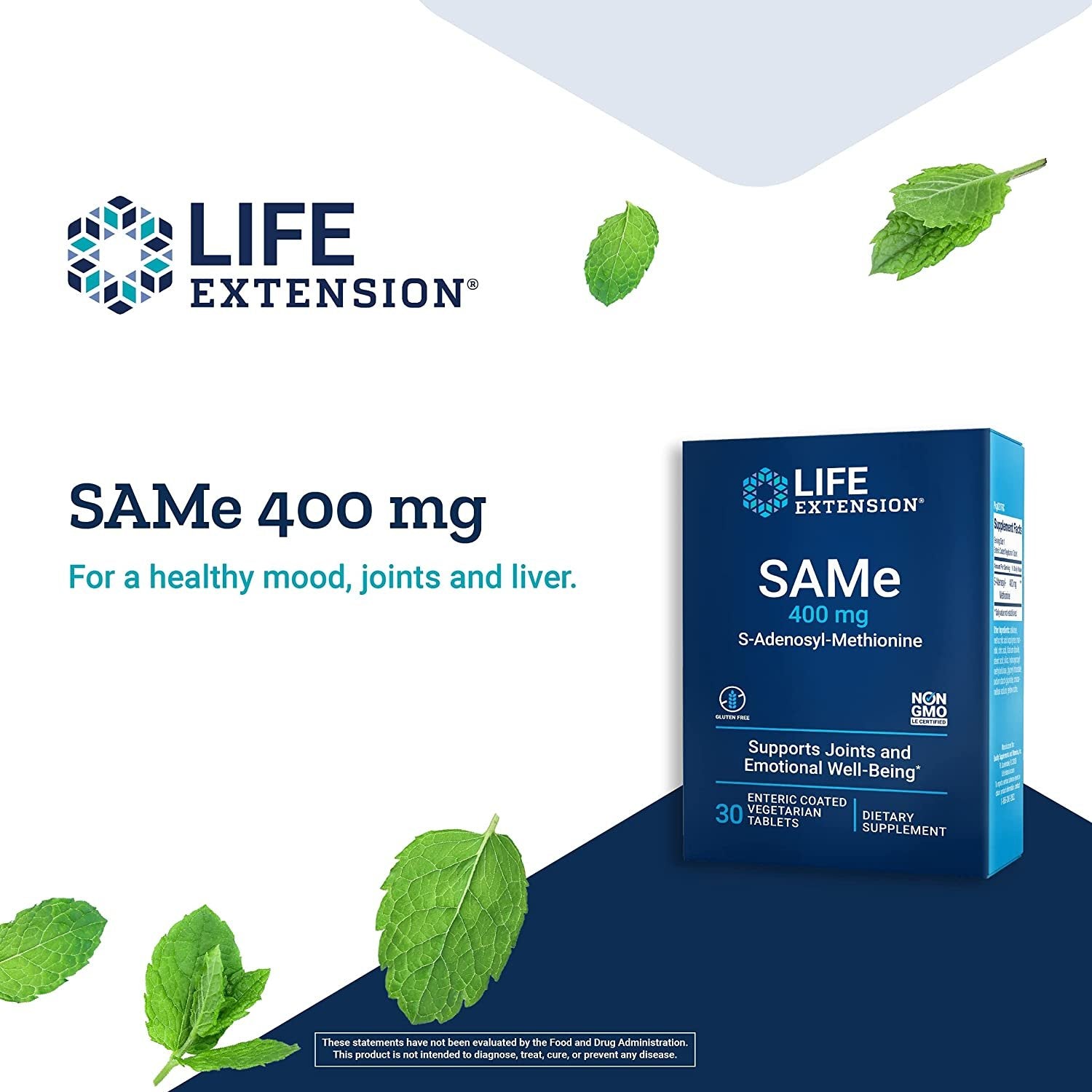 Life Extension Same 400 mg Enteric-Coated S-Adenosyl-Methionine Mood Support, Liver Health & Healthy Joint Function Support Supplement - Non-GMO, Gluten Free - 30 Enteric-Coated Vegetarian Tablets