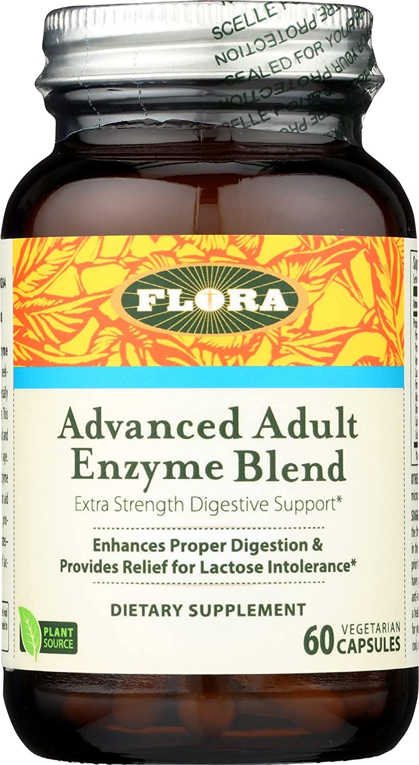 Flora - Advanced Adult Enzyme Blend with Lactase, Enhances Digestion & Provides Relief for Lactose Intolerance, Gluten-Free, Non GMO, 60 Vegetarian Capsules