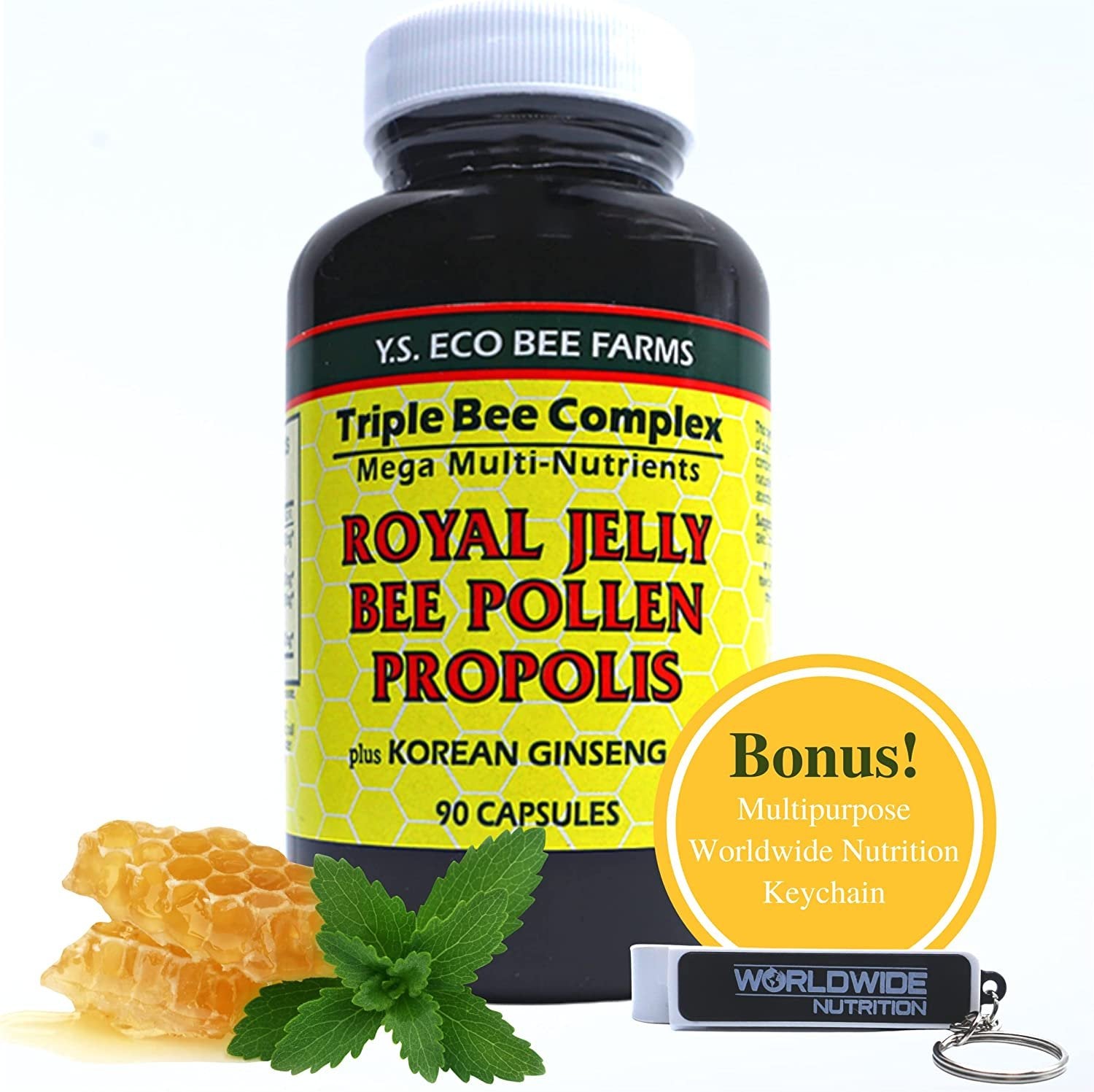 Y.S. Eco Bee Farms Triple Bee Complex Royal Jelly Bee Pollen Propolis Plus Korean Ginseng - Health and Wellness Organic Bee Pollen Supplement - 90 Ct with Worldwide Nutrition Multi Purpose Key Chain